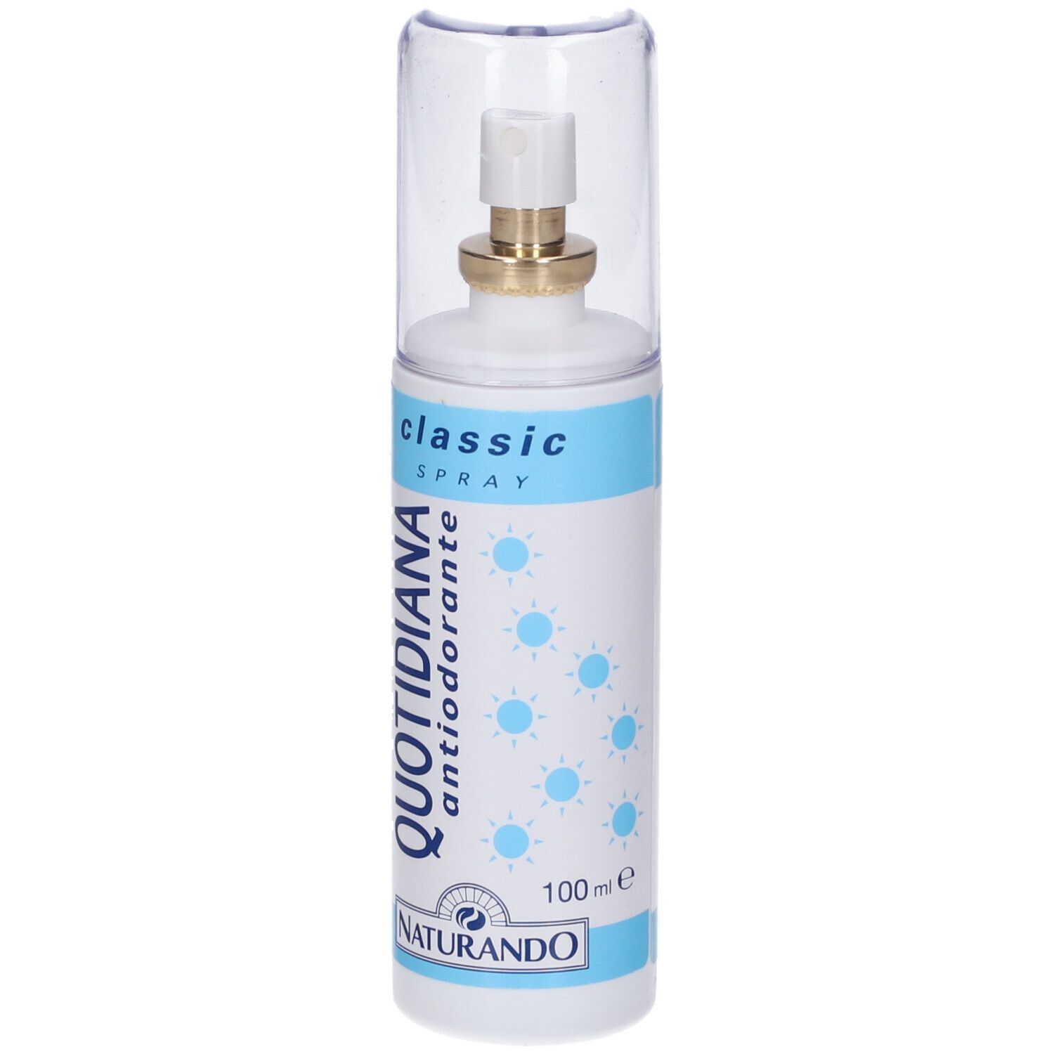 Flacon spray blanc avec étiquette bleue, 'QUOTIDIANA antiodorante' et 'classic SPRAY'.