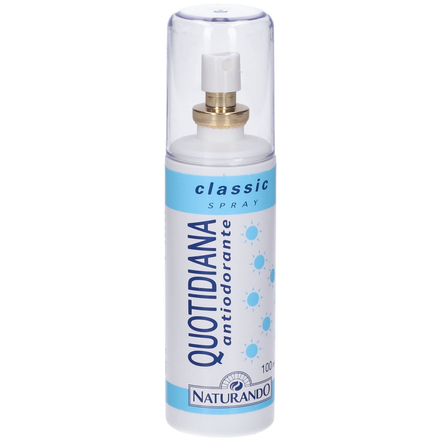 Flacon spray blanc avec étiquette bleue, 'QUOTIDIANA antiodorante' et 'classic SPRAY'.