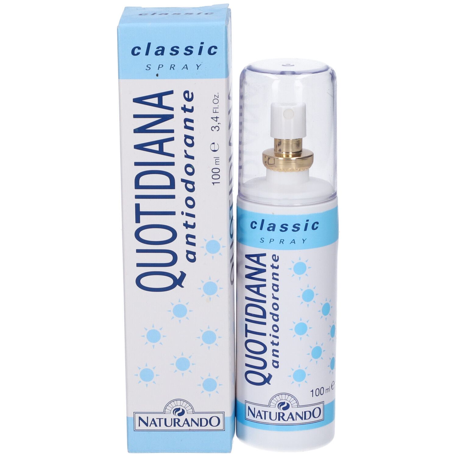 Spray Quotidiana Antiodorante et sa boîte d'emballage. Les deux avec étiquette bleue et 'classic SPRAY'.