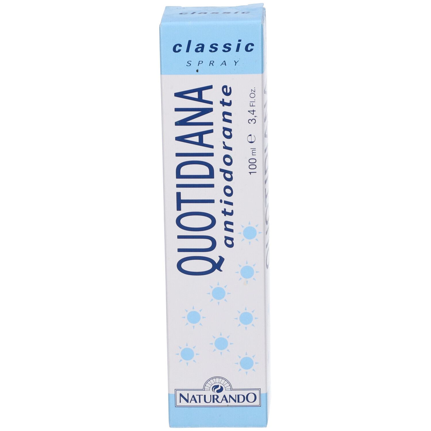 Boîte d'emballage pour Quotidiana Antiodorante Spray. Affiche 'classic SPRAY' et '100 ml 3,4 Fl.Oz.'.