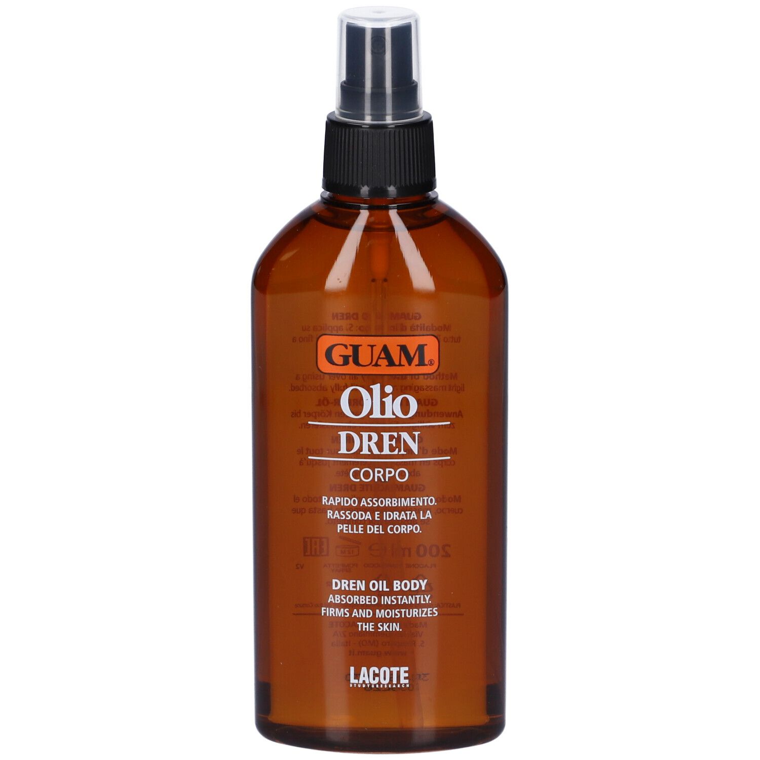 Flacon brun avec vaporisateur. Inscription: GUAM, Olio Dren Corpo. Absorption rapide. Raffermit et hydrate la peau.