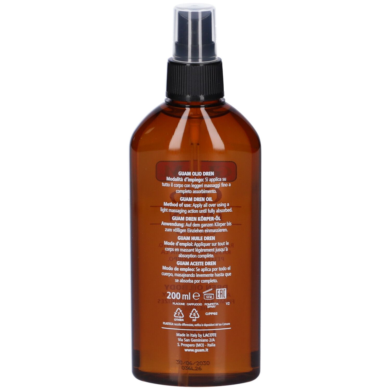 Dos du flacon brun. Texte: GUAM Huile Dren. Instructions d'utilisation multilingues. Volume: 200 ml.
