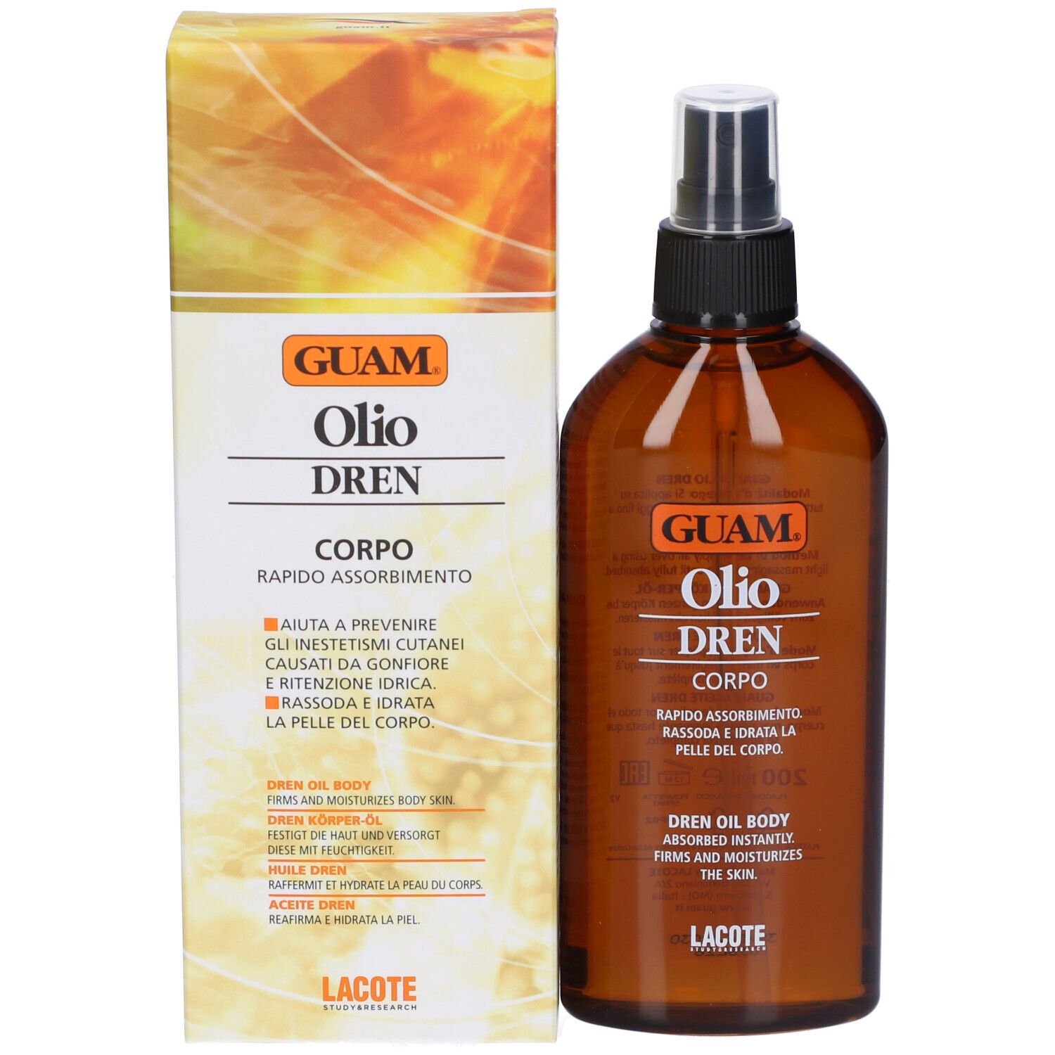 Emballage et flacon. Emballage: GUAM Olio Dren Corpo. Flacon: brun, vaporisateur. Texte: Absorption rapide.