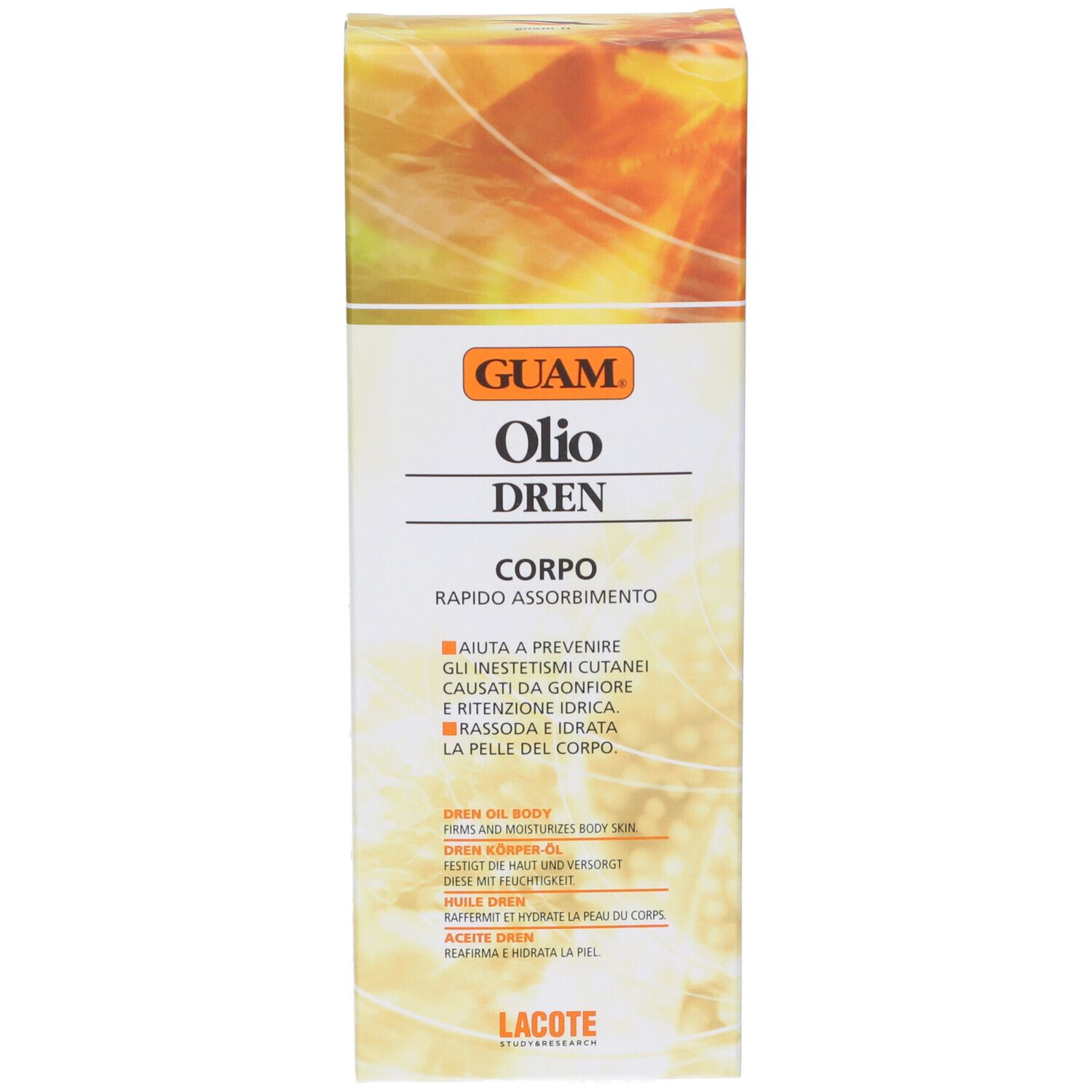 Emballage du produit. Inscription: GUAM Olio Dren Corpo. Aide à prévenir les imperfections cutanées. Absorption rapide.