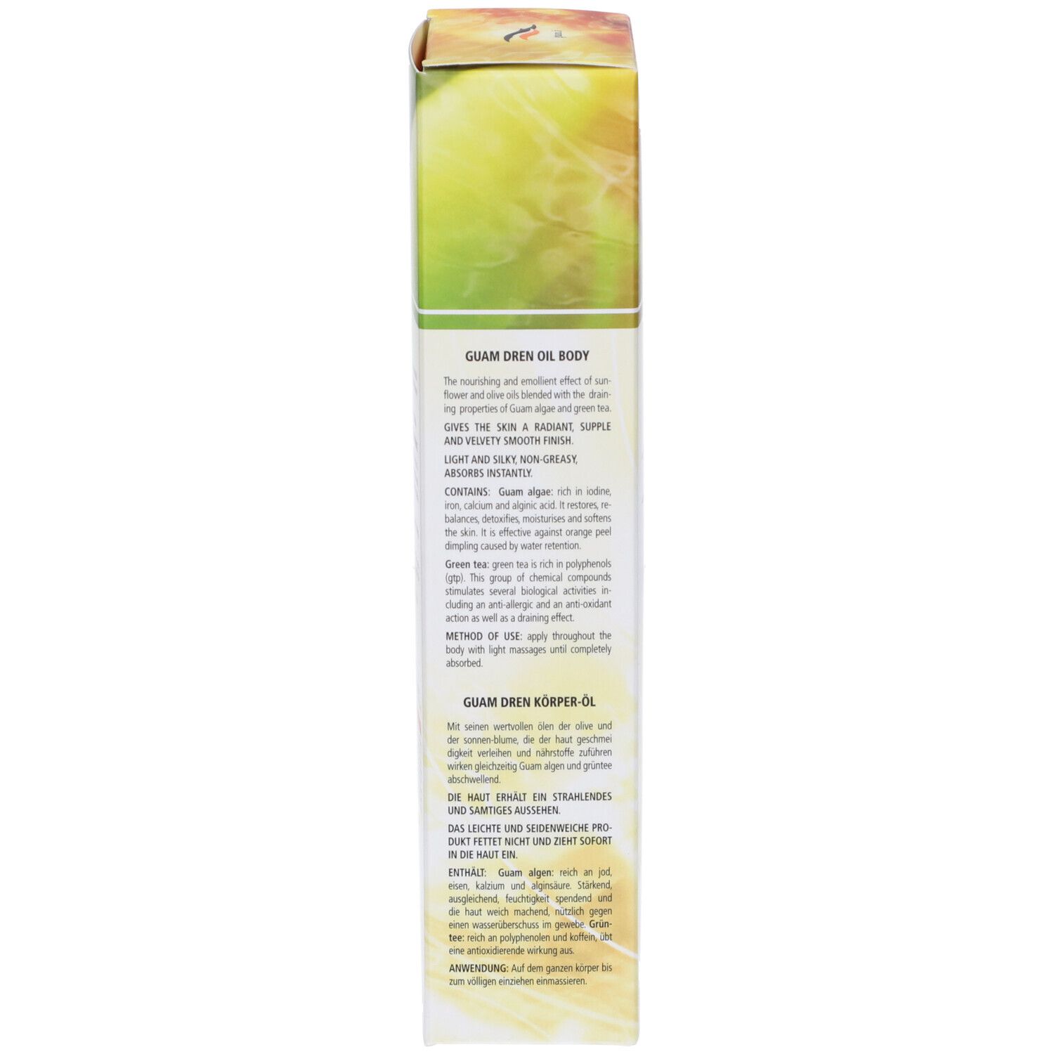 Côté gauche de l'emballage. Texte: GUAM Huile Dren Body. Description en allemand. Contient des extraits d'algues. Testé dermatologiquement.