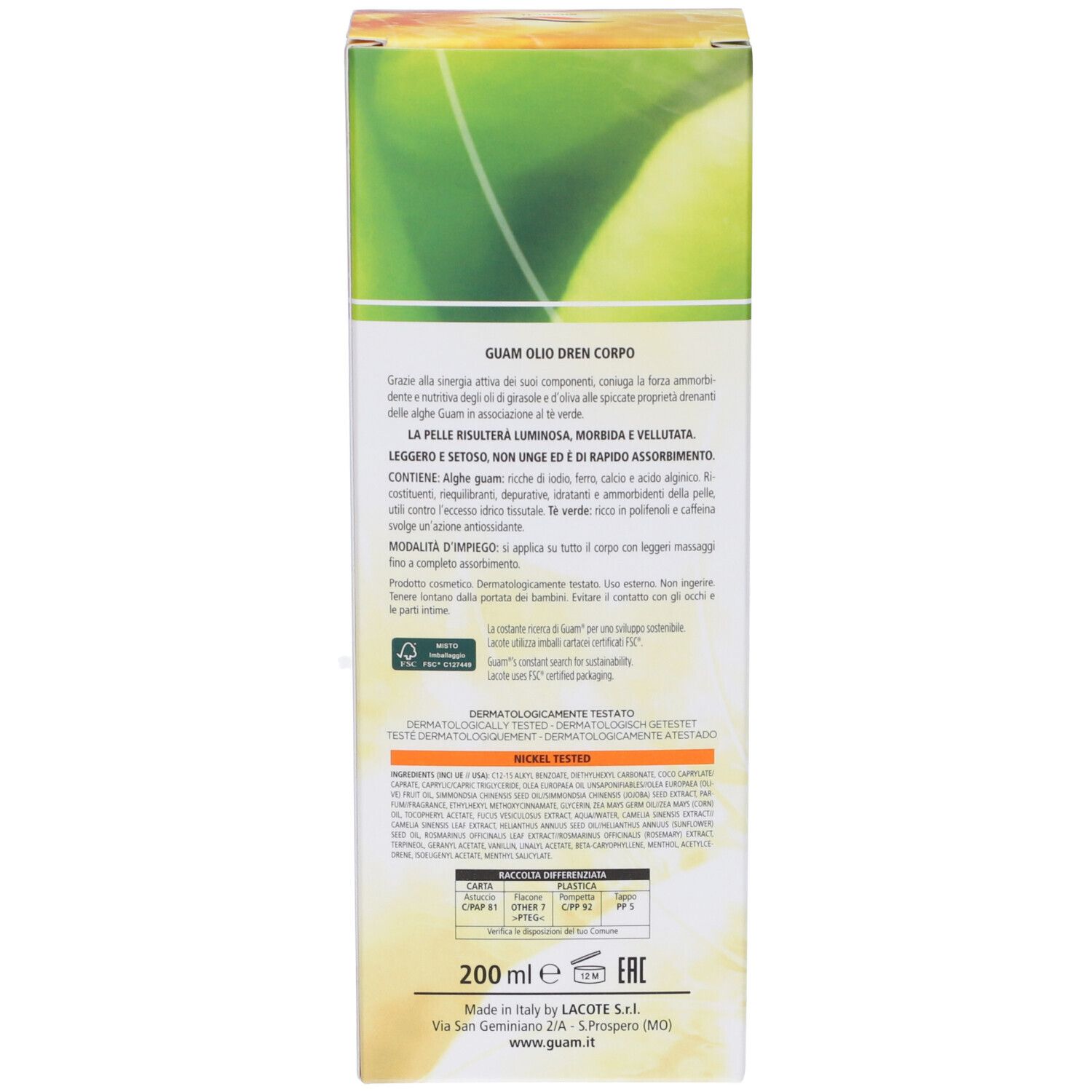 Dos de l'emballage. Texte: GUAM Huile Dren Corpo. Description en italien. 200 ml. Testé dermatologiquement.
