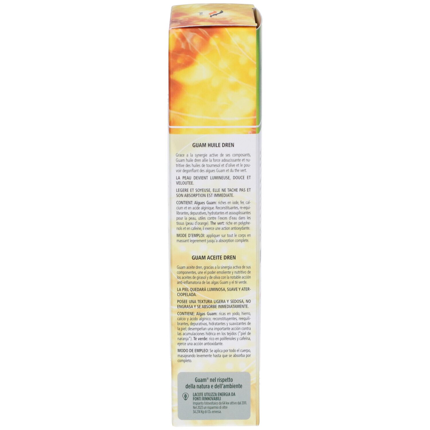 Côté droit de l'emballage. Texte: GUAM Huile Dren. Description en français. Mode d'emploi. Testé dermatologiquement.