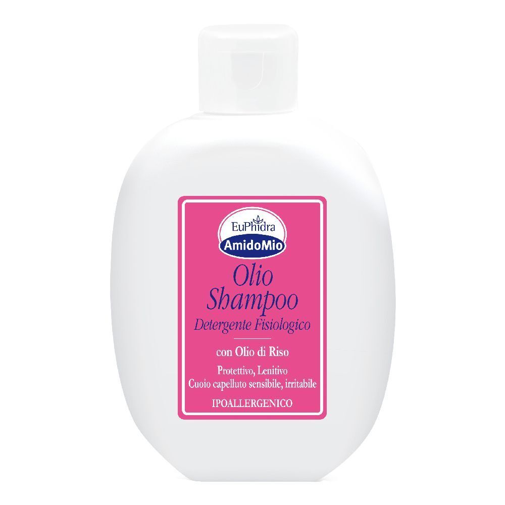 Flacon blanc avec étiquette rose pour Olio Shampoo, nettoyant, à l'huile de riz, hypoallergénique.