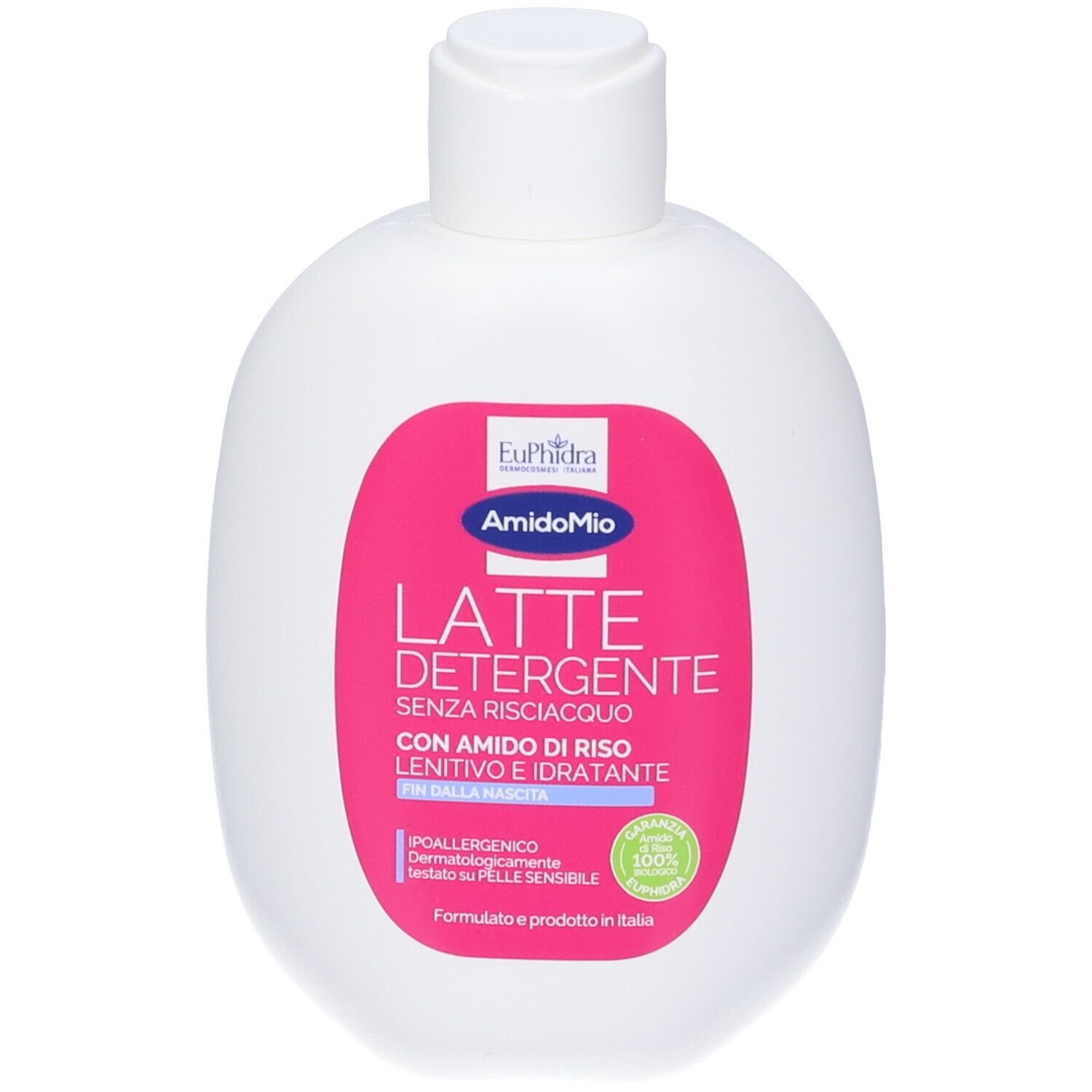 Flacon blanc avec étiquette rose. Inscription: EuPhidra AmidoMio, Latte detergente. Avec amidon de riz. Pour peaux sensibles.