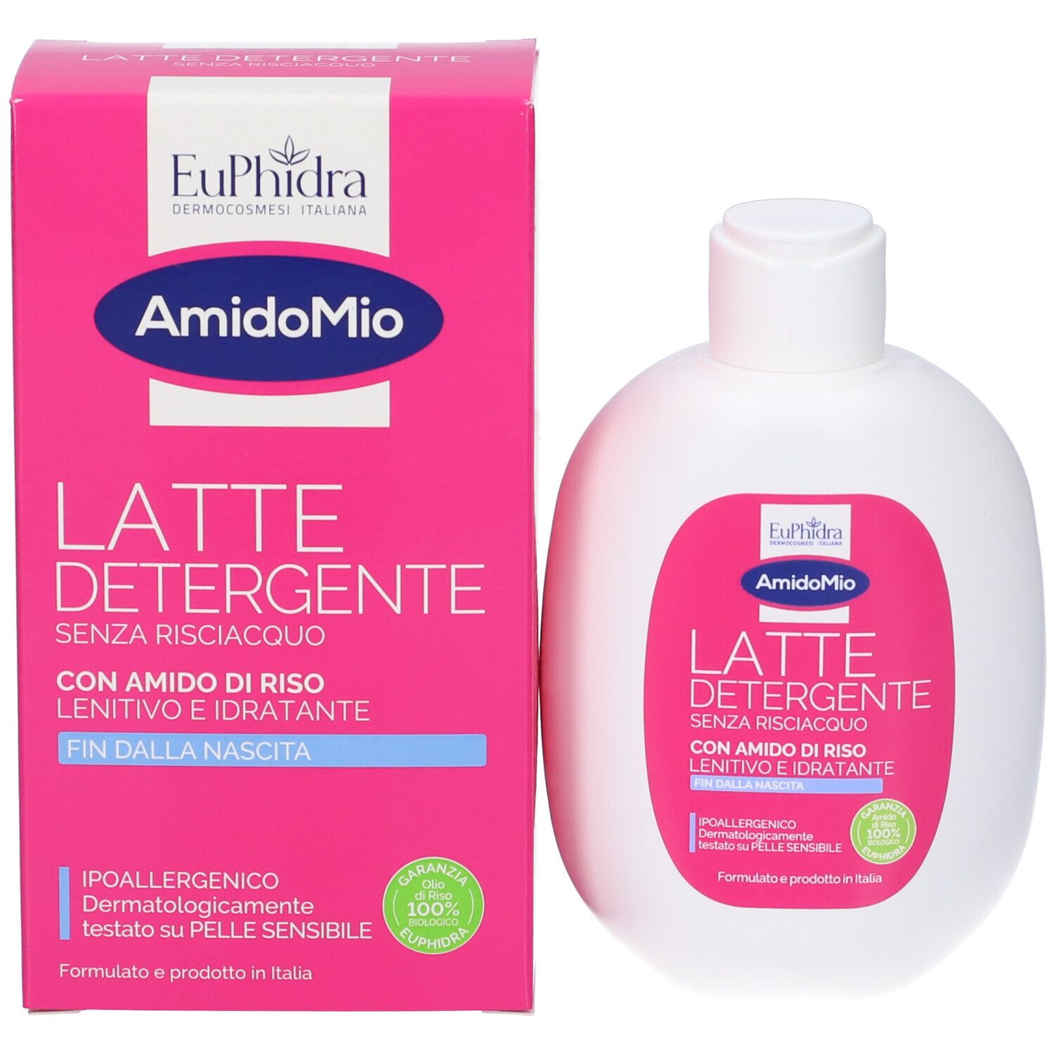 Emballage et flacon. Carton rose et flacon blanc. Inscription: EuPhidra AmidoMio, Latte detergente. Avec amidon de riz. 200 ml.
