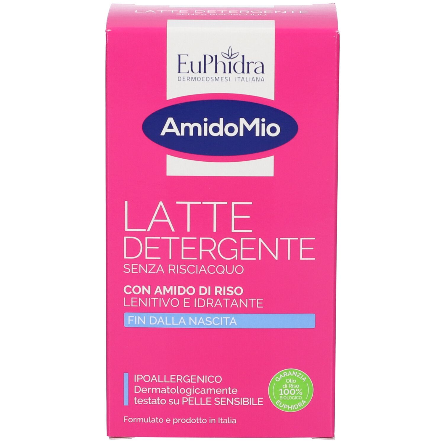 Boîte rose avec informations produit. Inscription: EuPhidra AmidoMio, Latte detergente. Avec amidon de riz. 200 ml. Sans parfum.