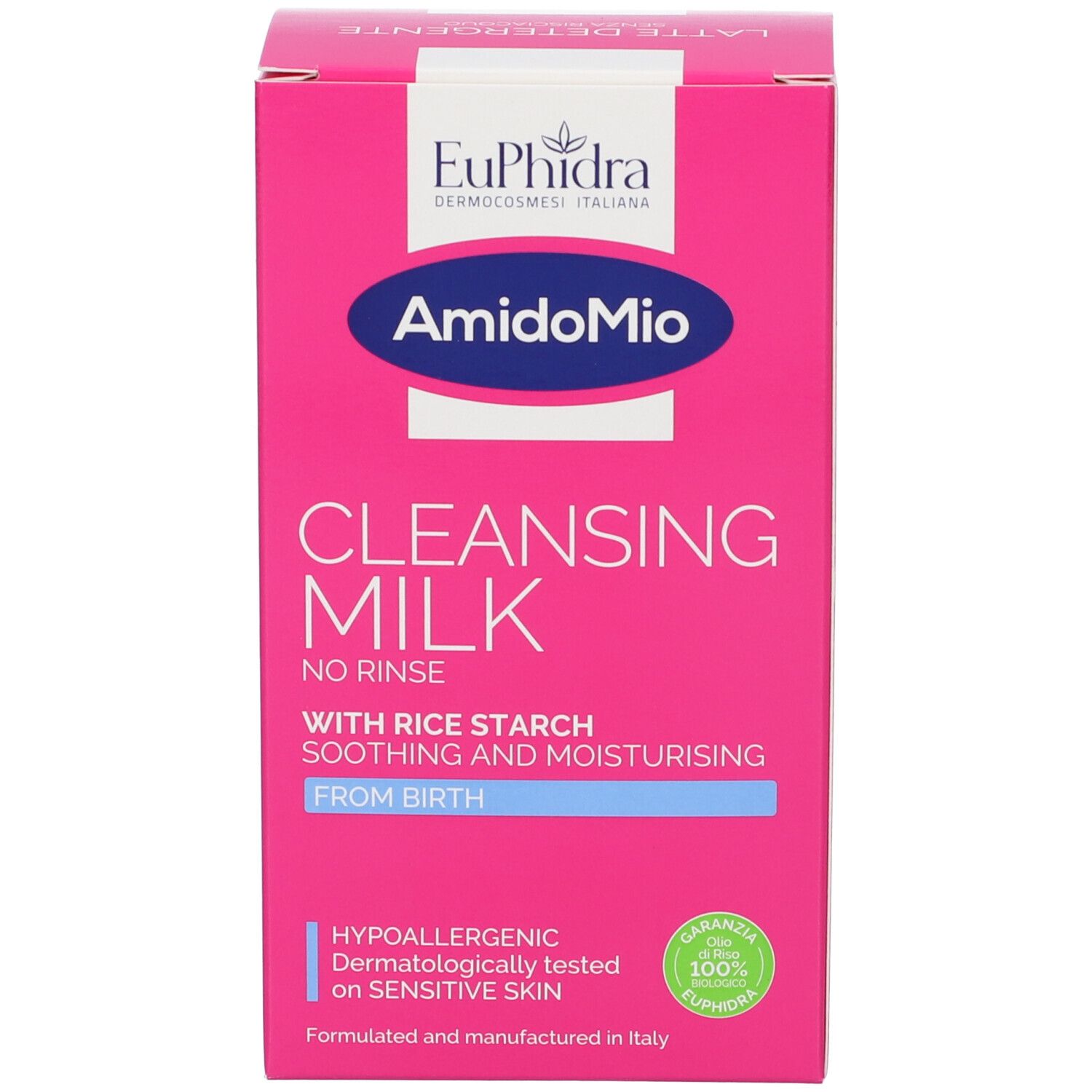 Boîte rose avec informations produit. Inscription: EuPhidra AmidoMio, Latte detergente. Avec amidon de riz. 200 ml. Sans parfum.