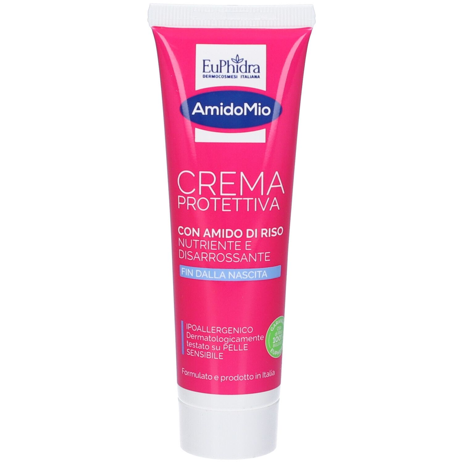 Tube rose avec bouchon blanc. Contient de la crème. Inscription : Euphidra, AmidoMio, CREMA PROTETTIVA, à l'amidon de riz.