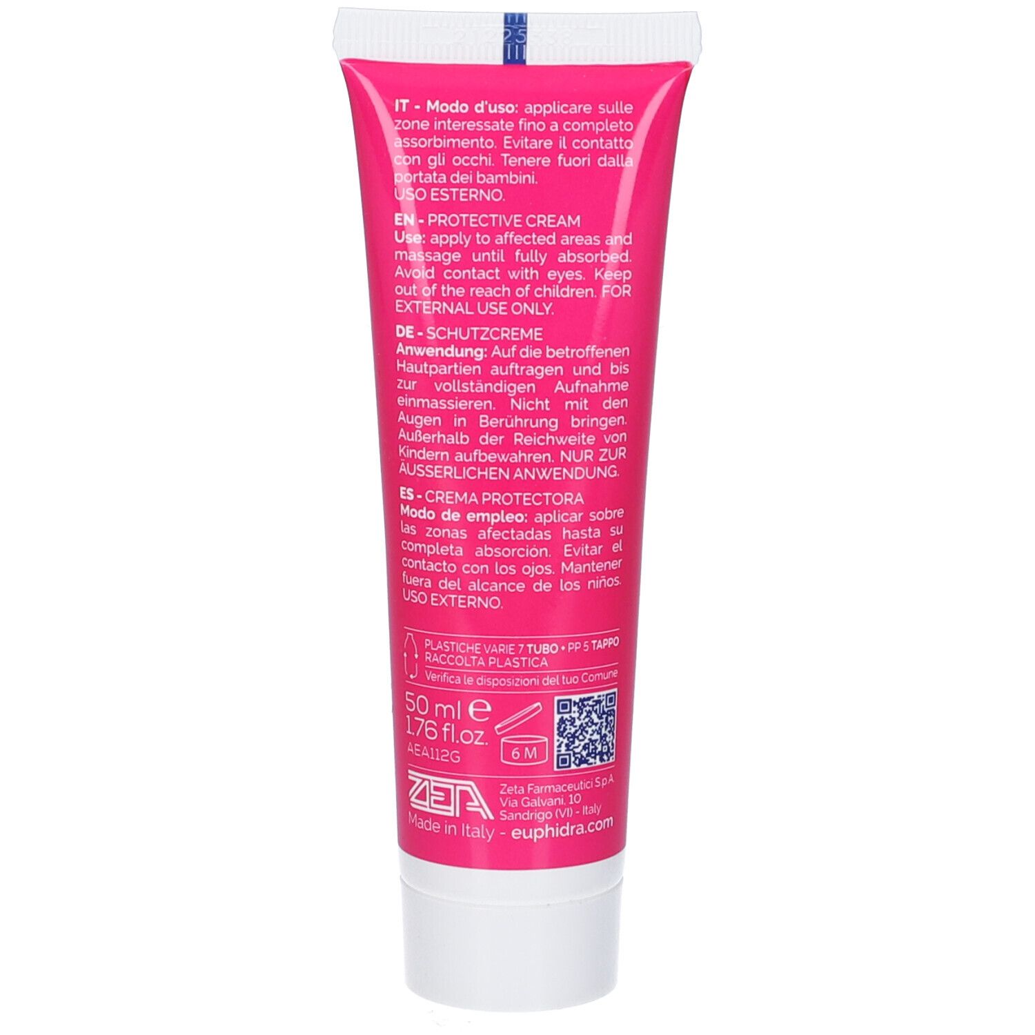 Dos du tube. Texte multilingue. Contient des informations sur l'utilisation et les ingrédients. 50 ml.
