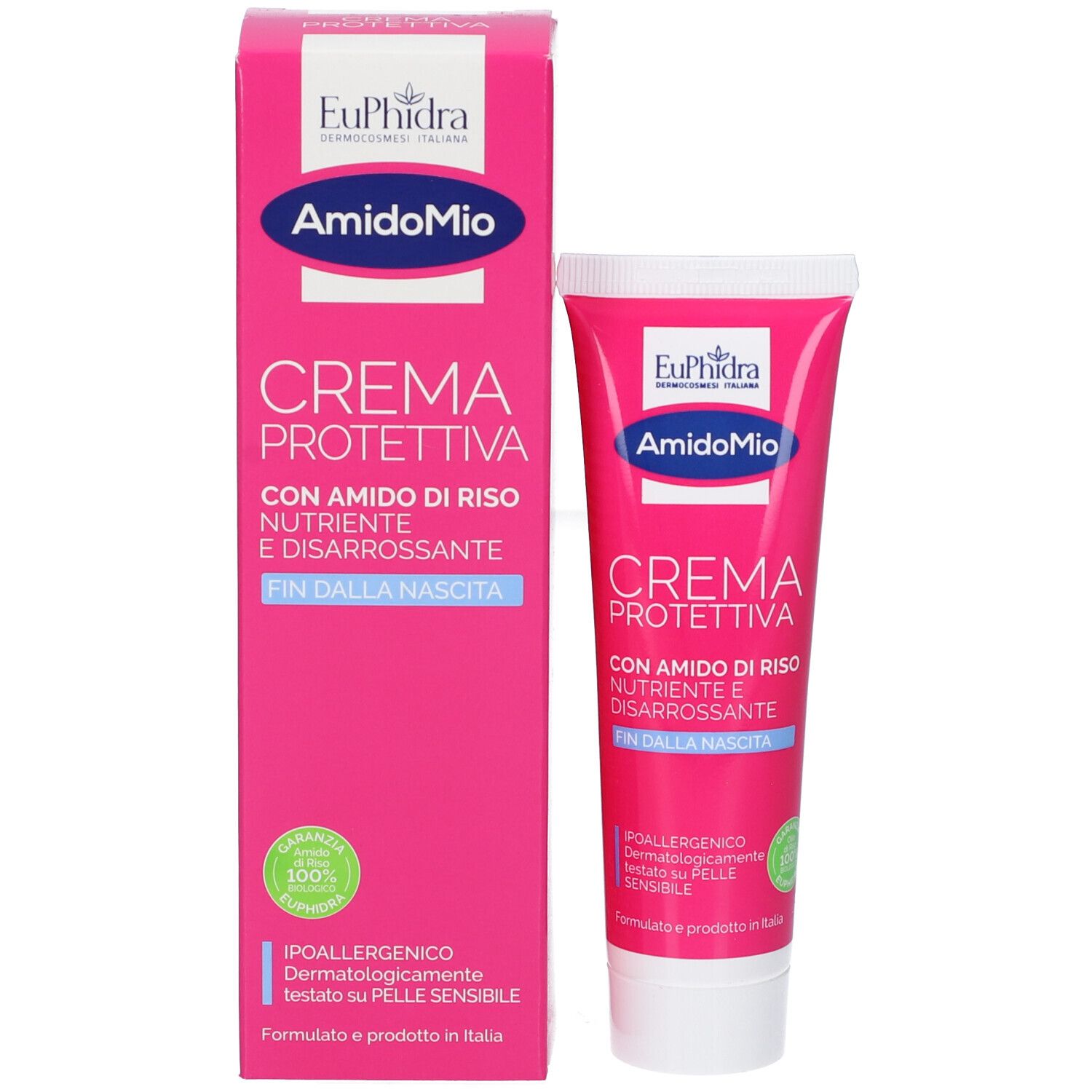 Boîte et tube roses. Inscription : Euphidra, AmidoMio, CREMA PROTETTIVA, à l'amidon de riz. Certification verte et blanche.