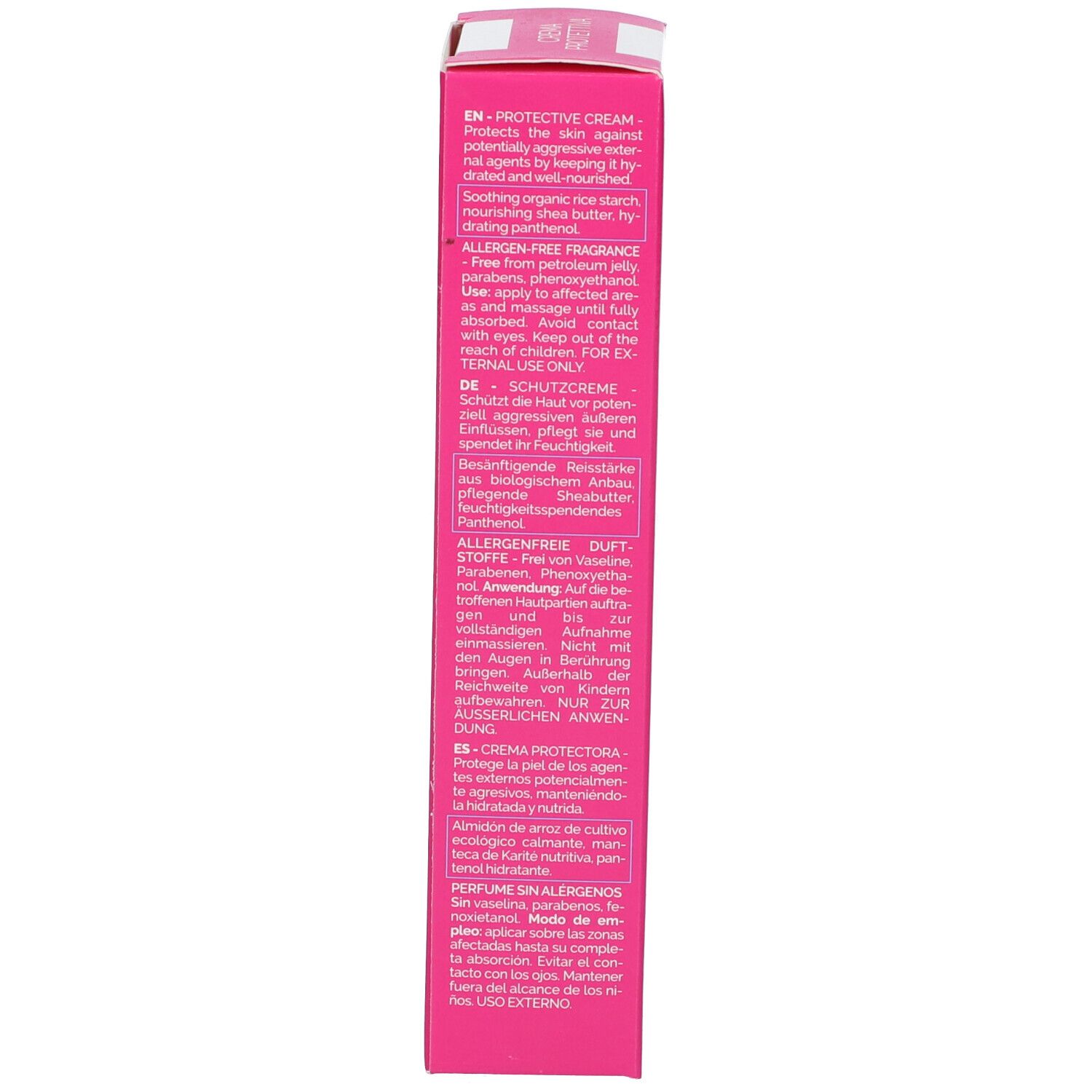 Côté de la boîte rose. Texte multilingue. Contient des informations sur les ingrédients et l'utilisation.