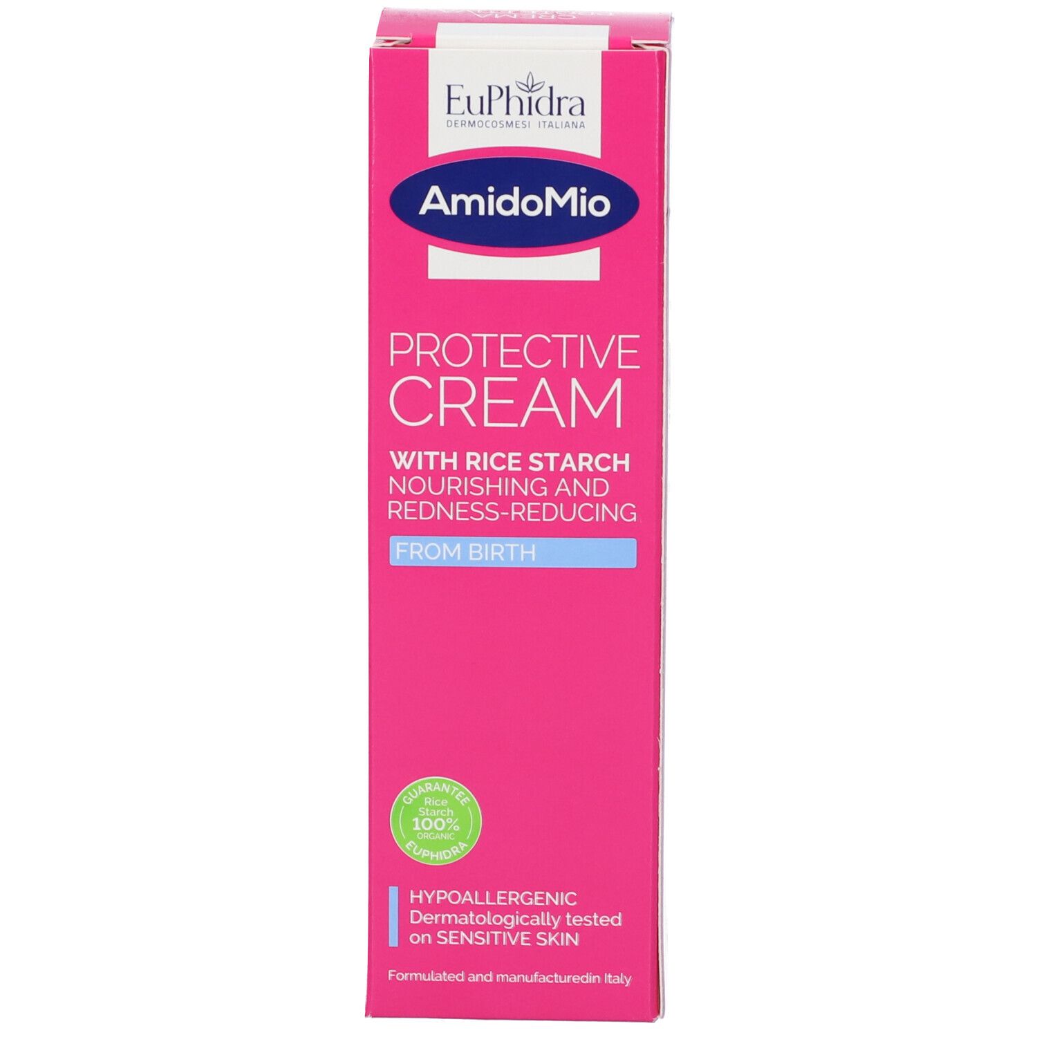 Boîte rose. Inscription : Euphidra, AmidoMio, PROTECTIVE CREAM, à l'amidon de riz. Certification verte et blanche.