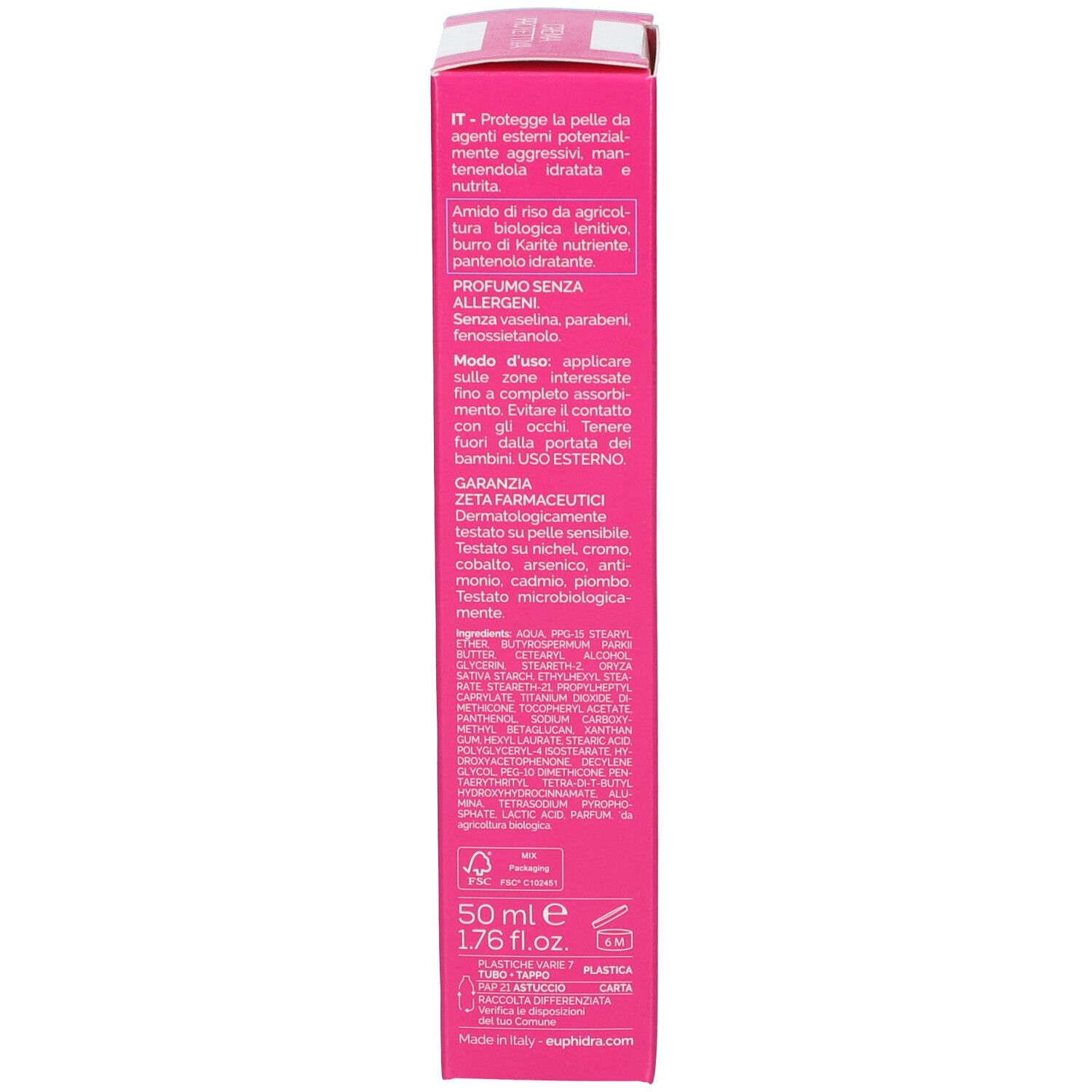 Côté de la boîte rose. Texte multilingue. Contient des informations sur les ingrédients et l'utilisation. 50 ml.