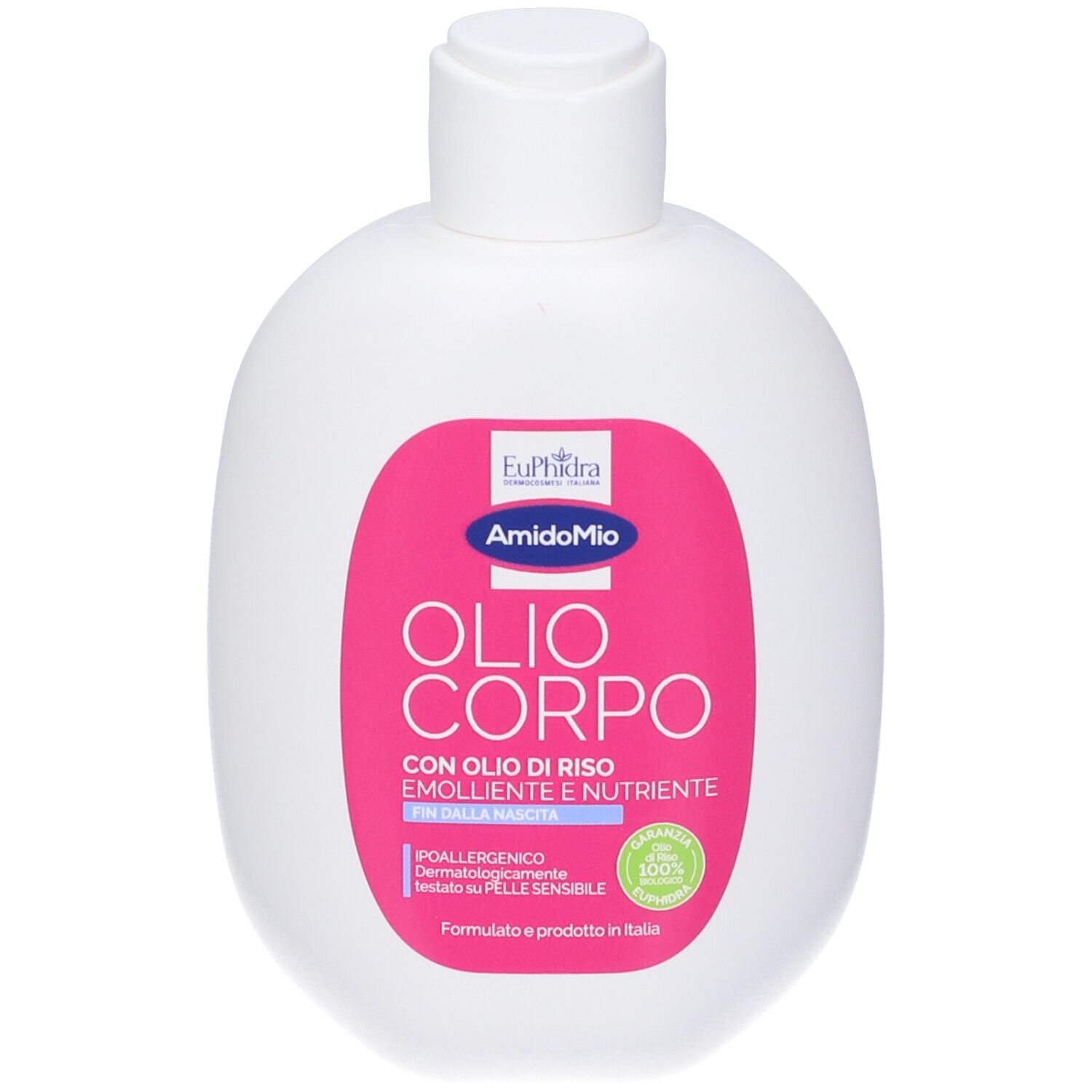 Flacon blanc avec étiquette rose. Contient Euphidra AmidoMio Olio Corpo. Texte : Olio Corpo, à l'huile de riz. Hypoallergénique.