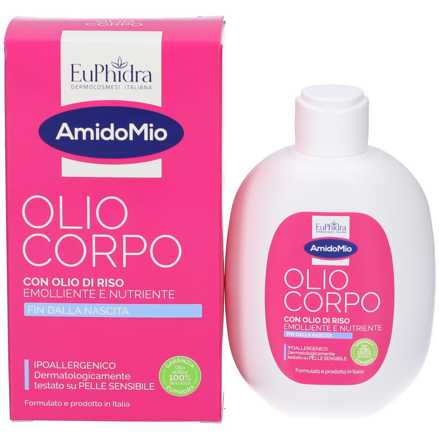 Dos du flacon blanc. Étiquette rose avec texte. Contient Euphidra AmidoMio Olio Corpo. 200 ml.