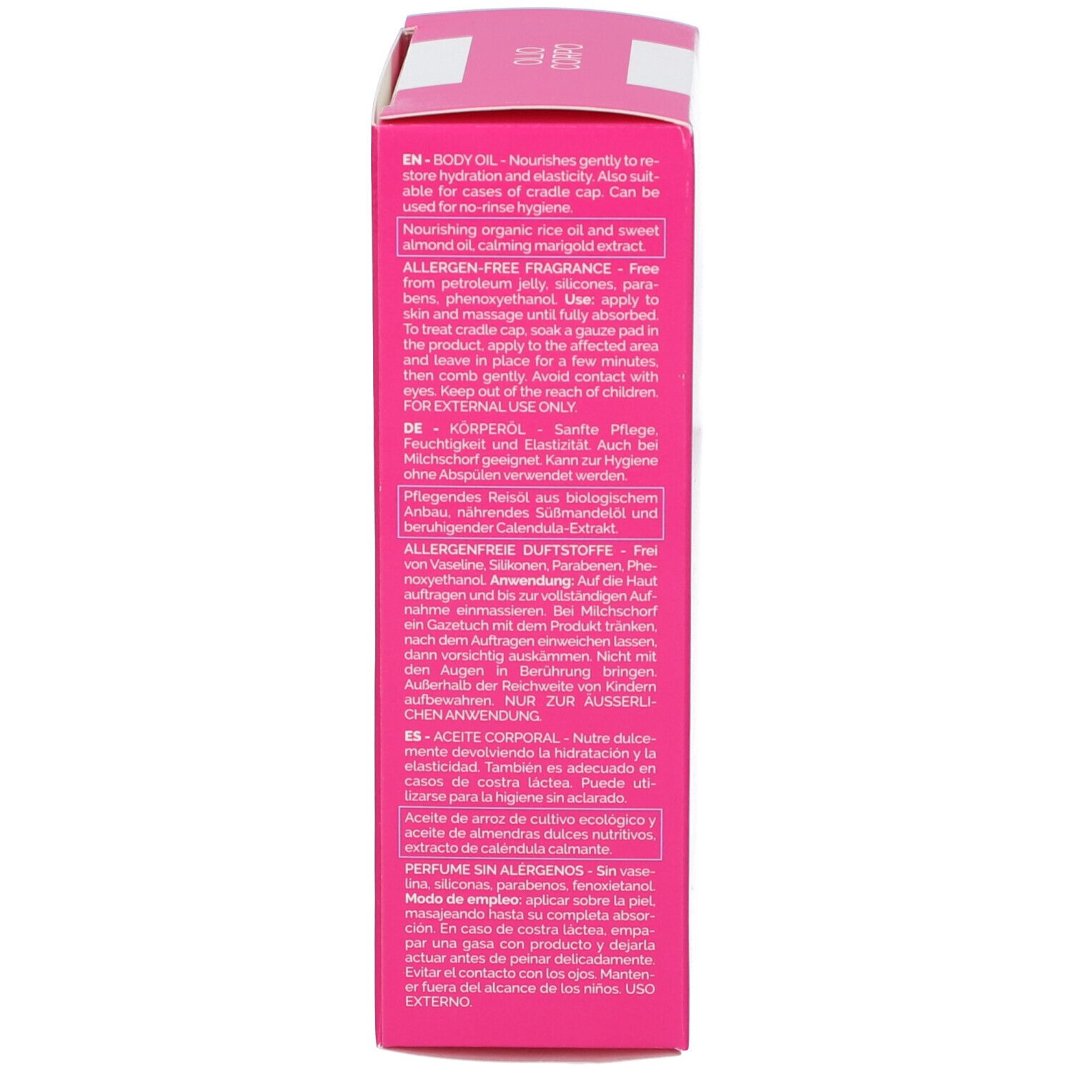 Boîte rose avec texte. Contient Euphidra AmidoMio Olio Corpo. Texte : Body Oil, pour peaux sensibles. Mode d'emploi.