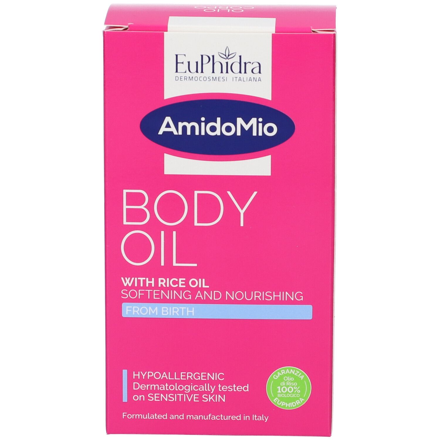 Boîte rose avec texte. Contient Euphidra AmidoMio Olio Corpo. Texte : Body Oil, à l'huile de riz. Hypoallergénique.