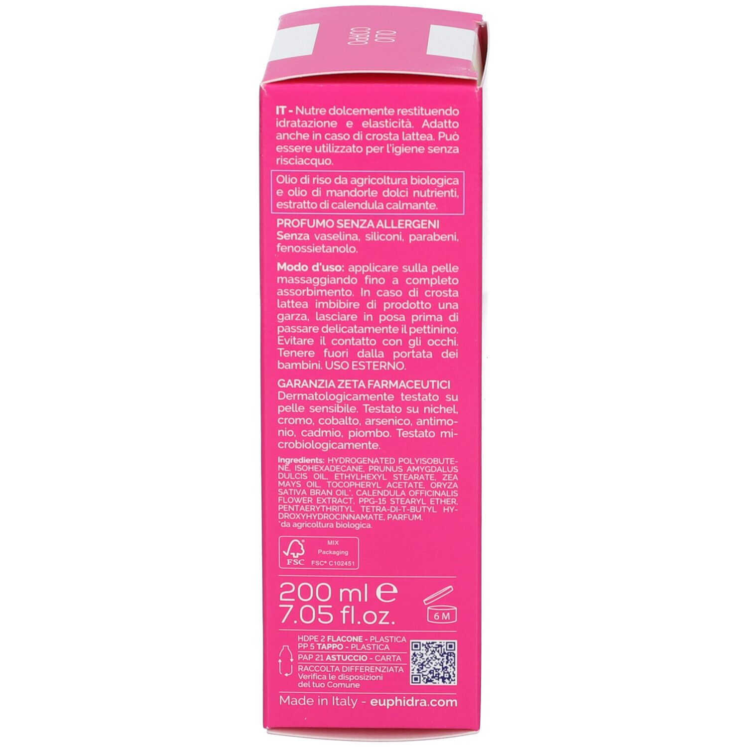 Flacon et boîte Euphidra AmidoMio Olio Corpo. Flacon : 200 ml. Boîte : rose, texte.
