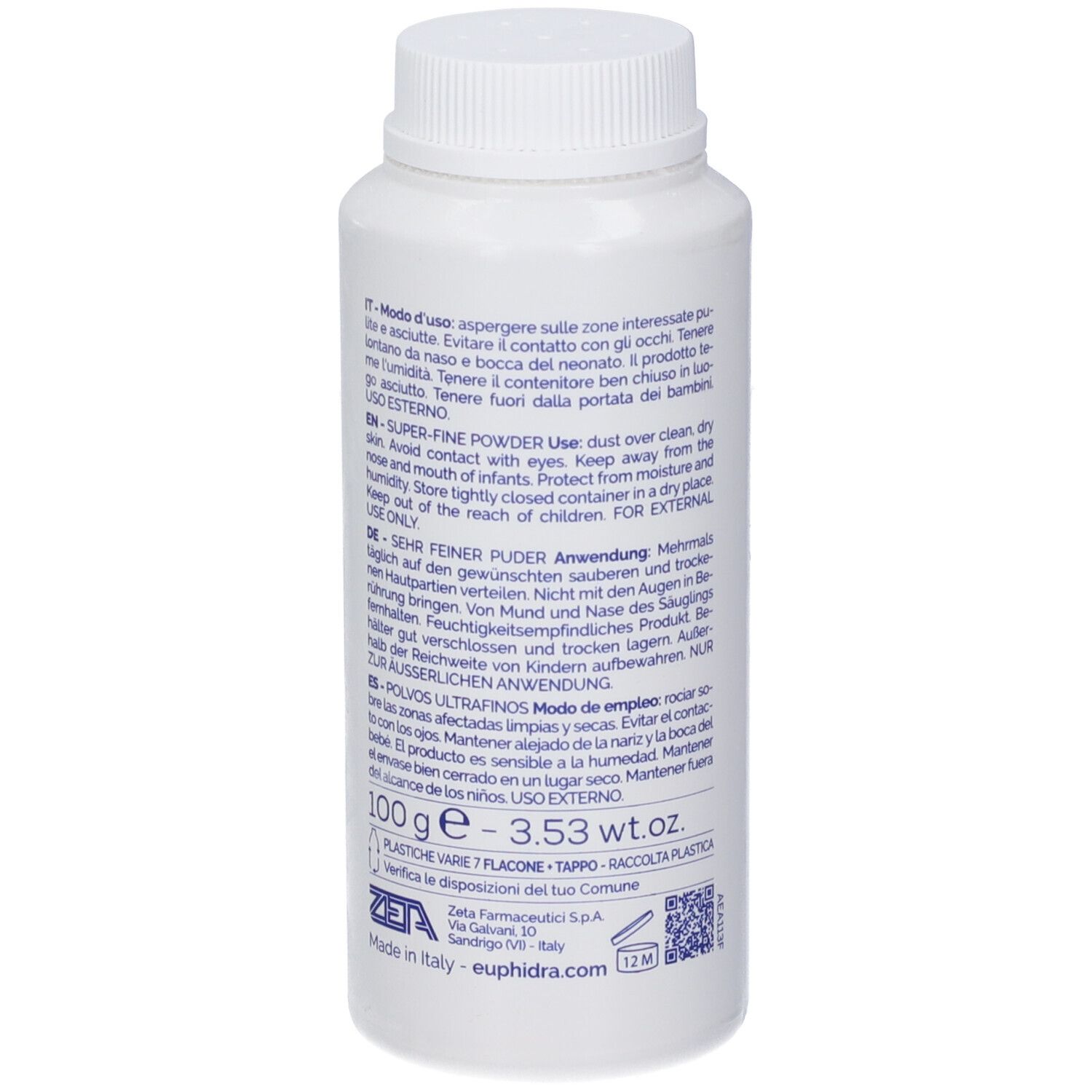 Dos du flacon blanc. Texte en plusieurs langues. Indication de poids 100g.