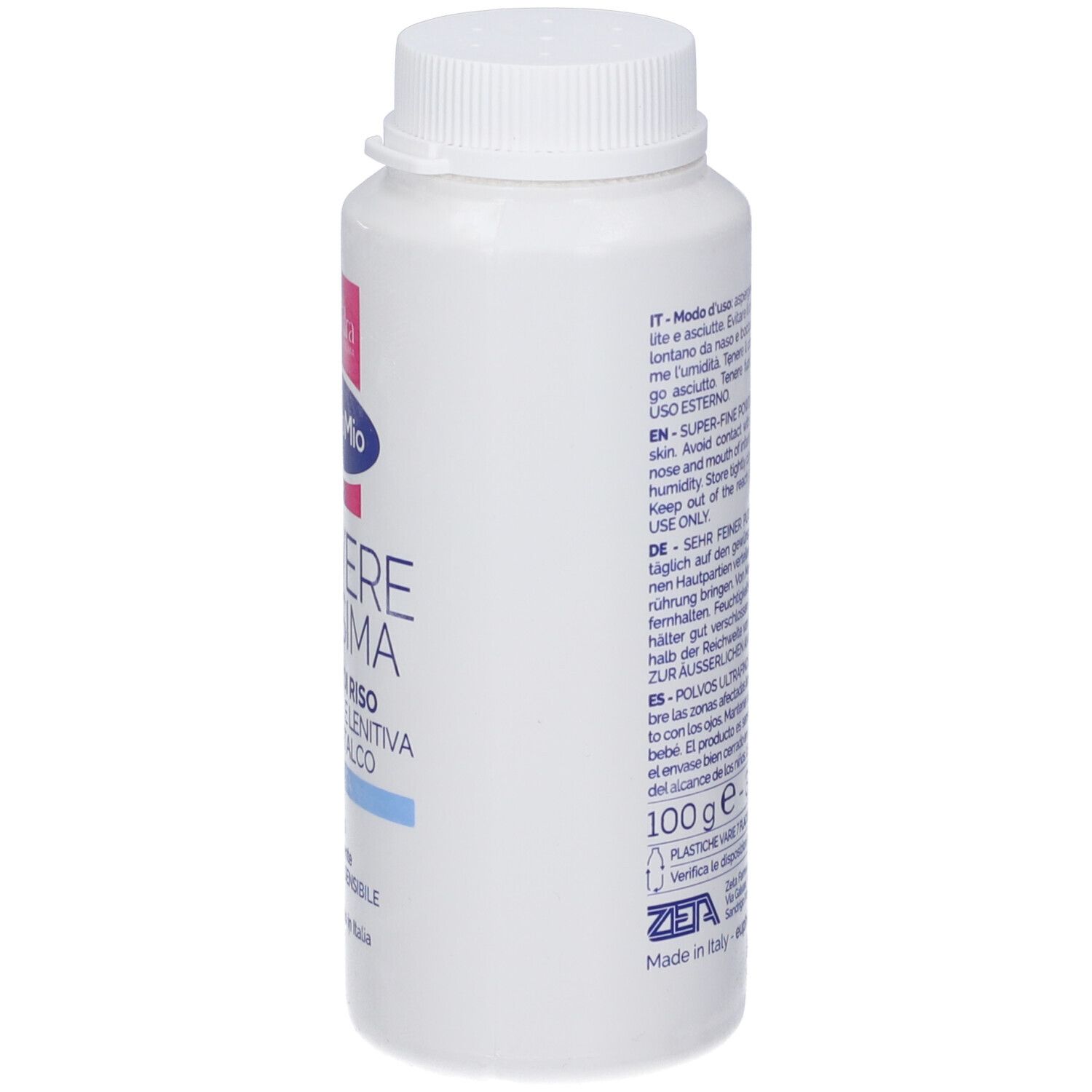 Flacon blanc avec bouchon blanc. Étiquette avec nom du produit et texte. Indication de poids 100g.