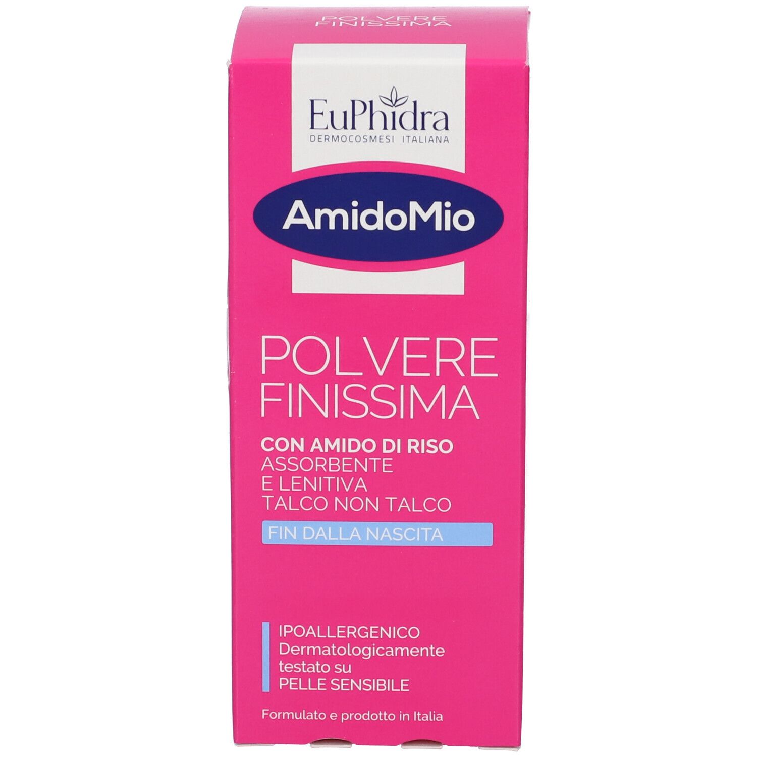 Emballage rose du produit. Nom du produit et logo. Texte en italien.