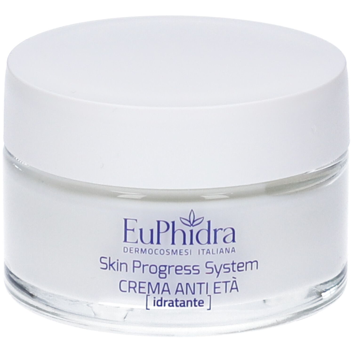 Pot de crème blanc avec couvercle. Inscription: EuPhidra, Skin Progress System, CREMA ANTI ETÀ [idratante].