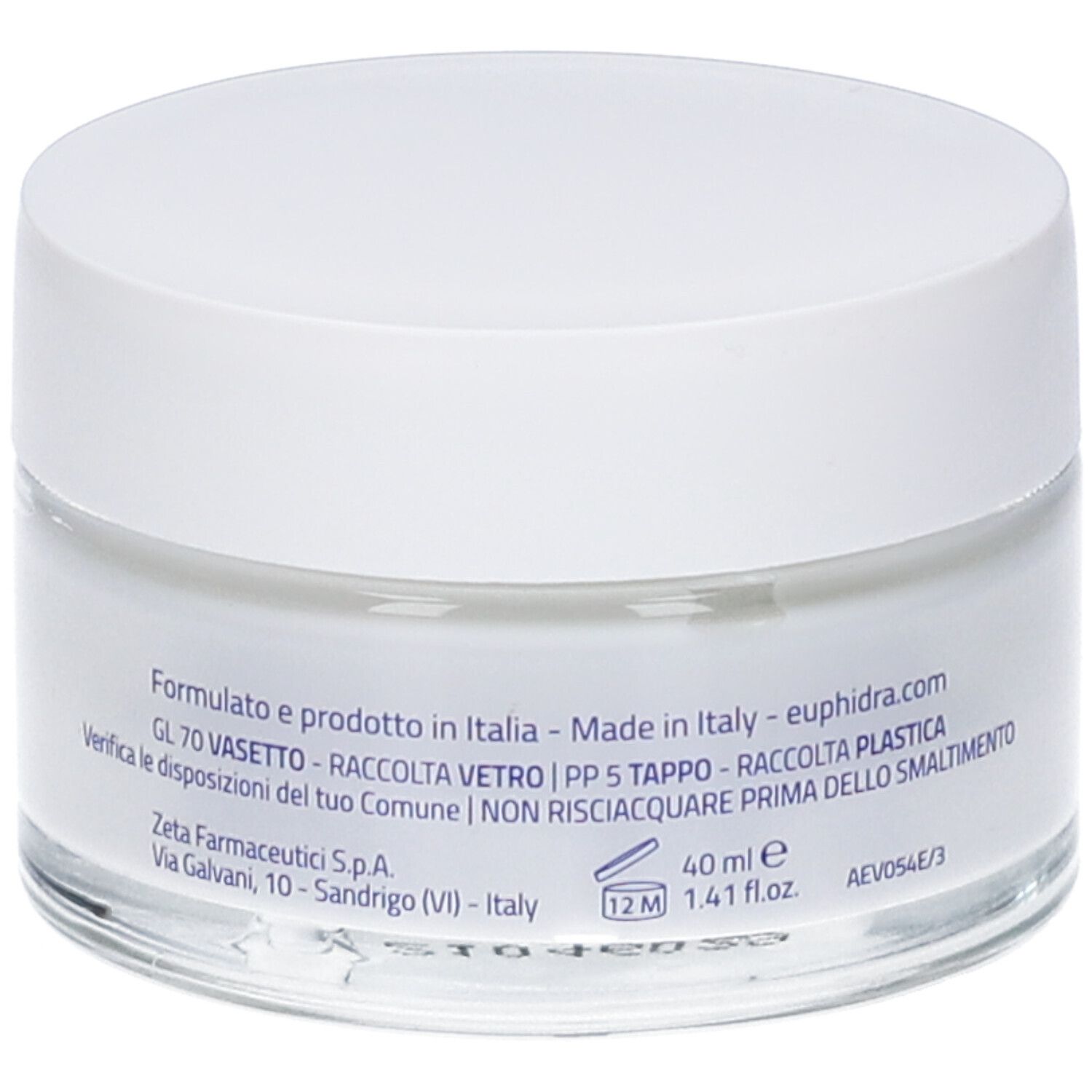 Dos du pot de crème. Texte: Formulé et fabriqué en Italie. 40 ml. 12M.
