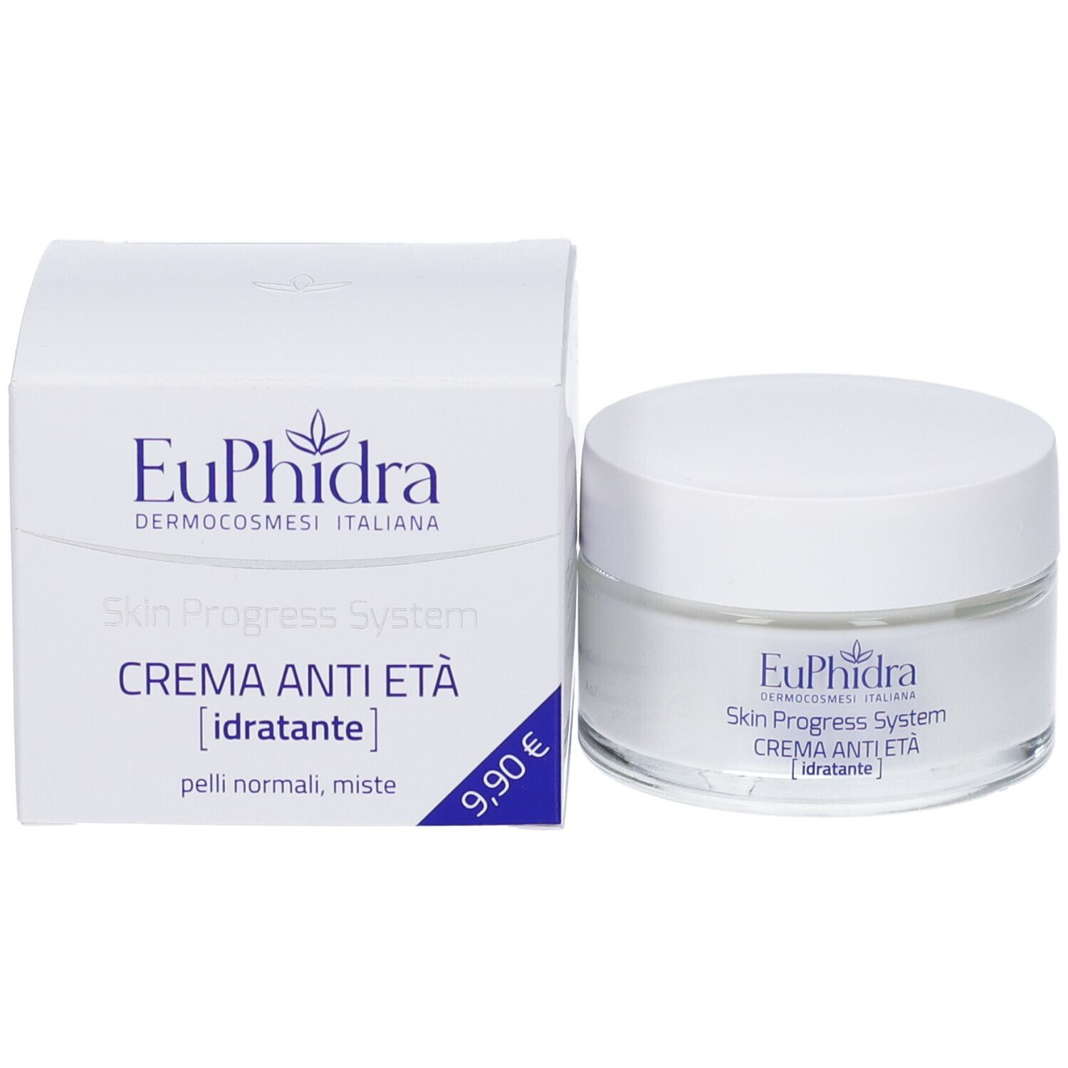 Emballage du produit et pot de crème. Emballage: EuPhidra, Skin Progress System, CREMA ANTI ETÀ. Prix: 9,90€.