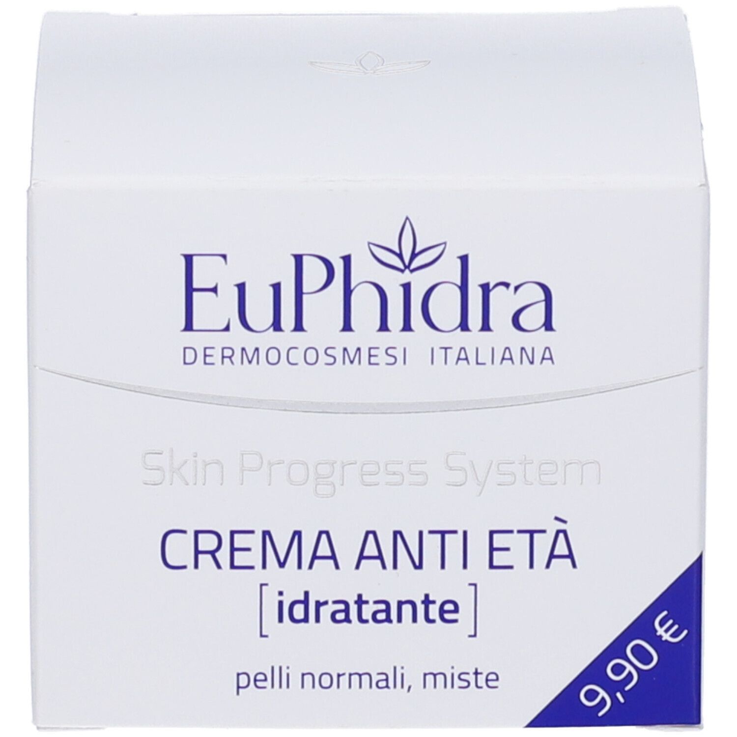 Emballage du produit. Inscription: EuPhidra, Skin Progress System, CREMA ANTI ETÀ [idratante]. Prix: 9,90€.