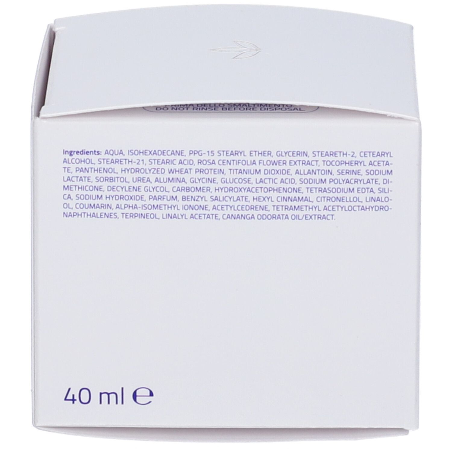 Emballage du produit. Liste des ingrédients: AQUA, ISOHEXADECANE, PPG-15 STEARYL ETHER, GLYCERIN, etc. 40 ml.