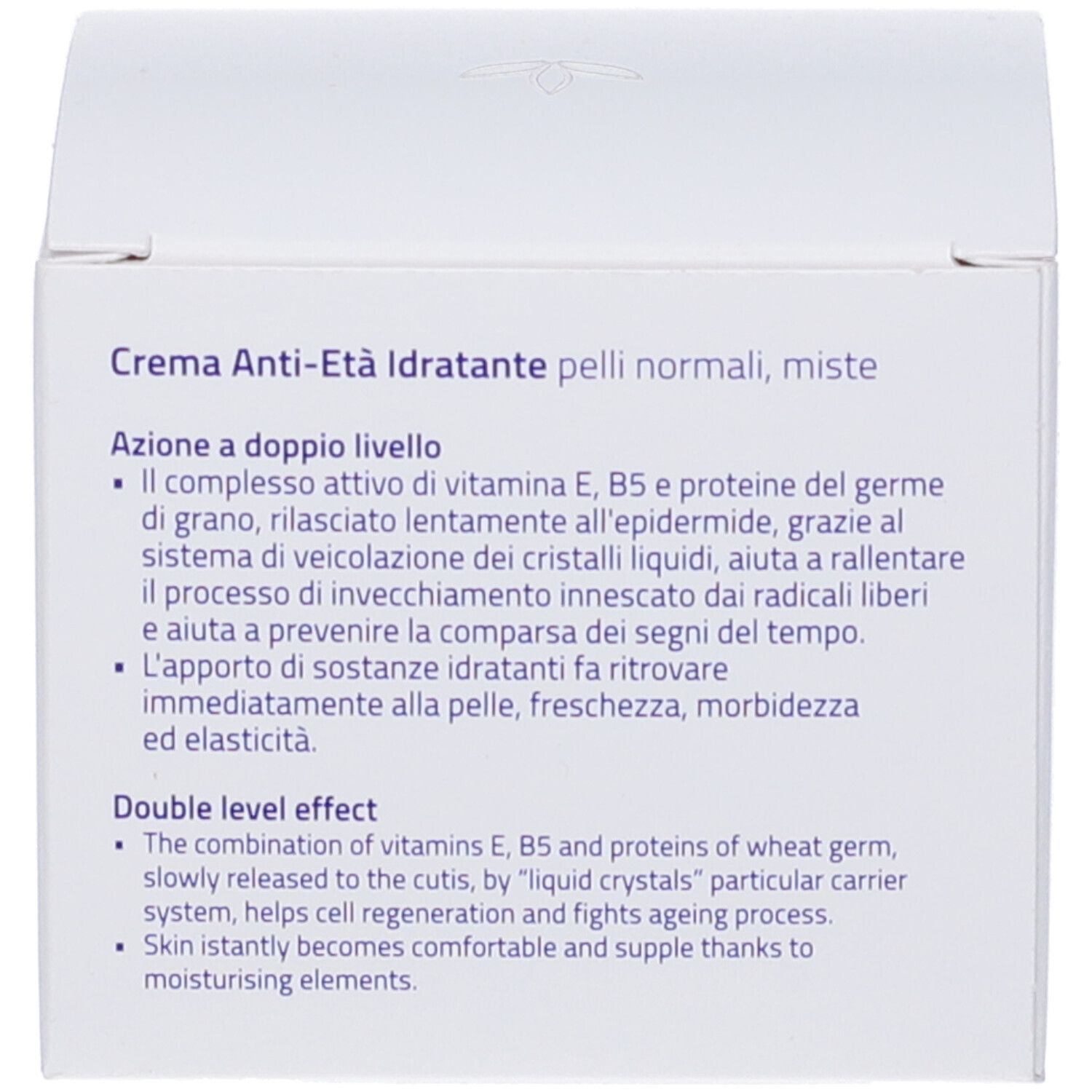 Emballage du produit. Texte: Crema Anti-Età Idratante pelli normali, miste. Effet double niveau.