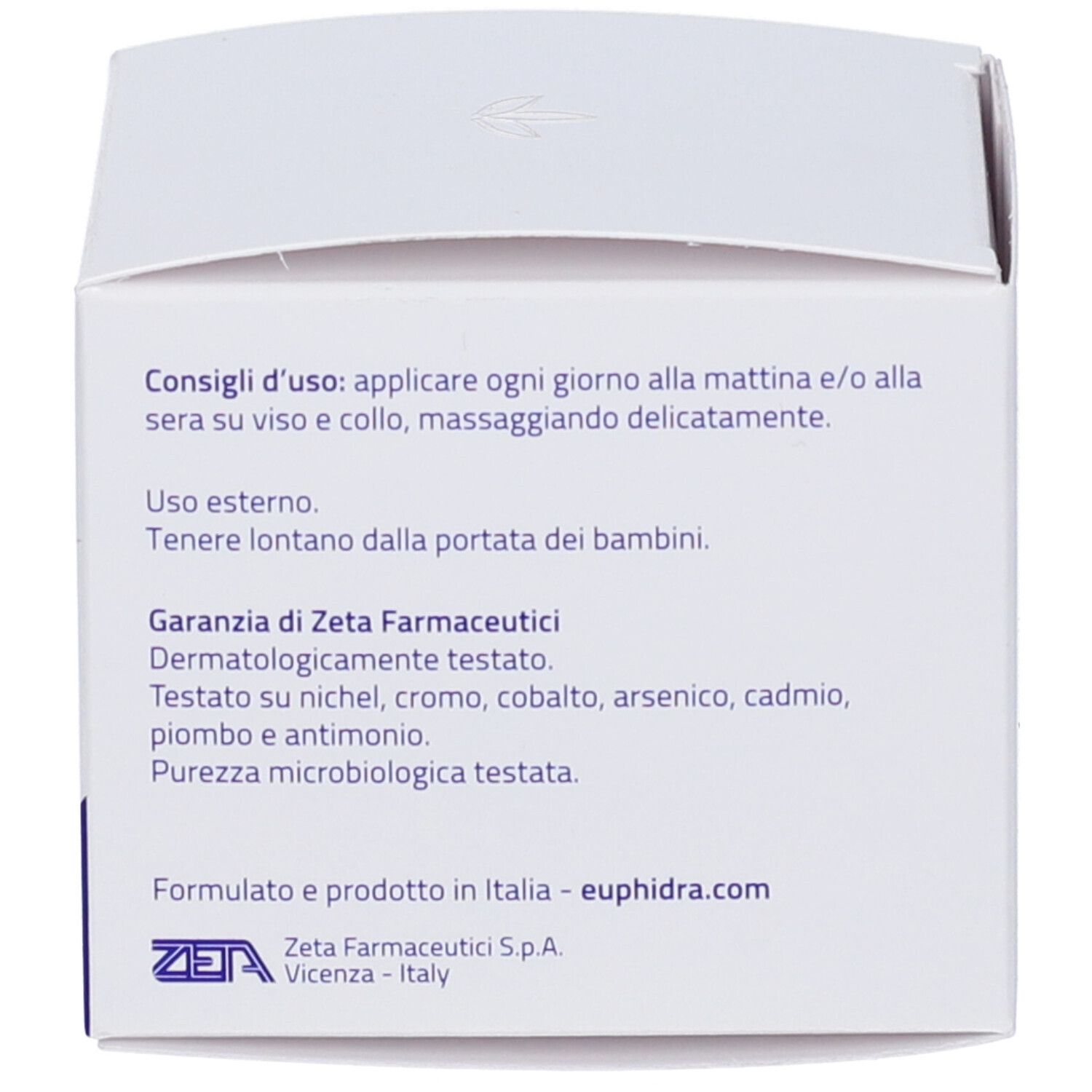 Emballage du produit. Texte: Conseils d'utilisation. Tenir hors de portée des enfants. Zeta Farmaceutici.