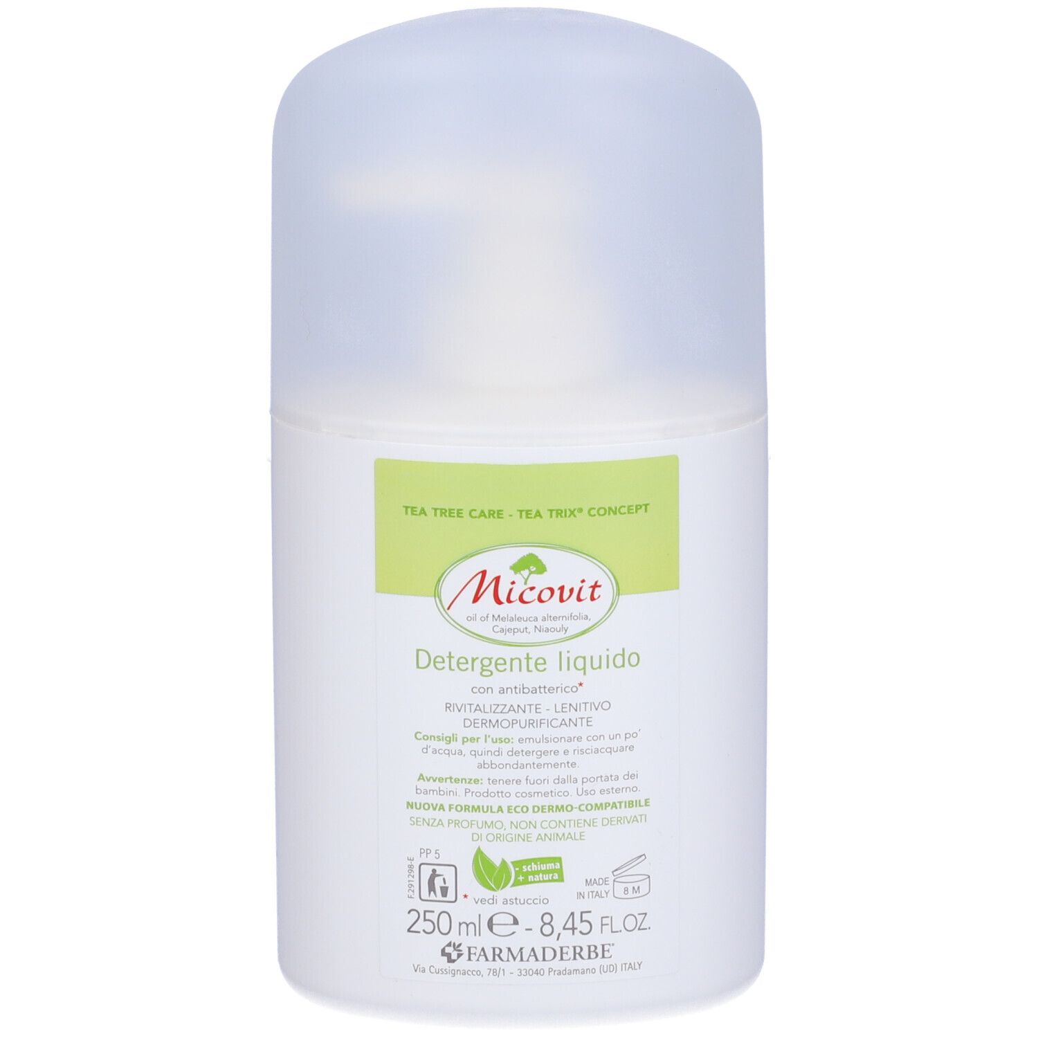 Récipient blanc avec couvercle transparent. Nom du produit et informations sur l'étiquette. Texte : Micovit, Détergent liquide.