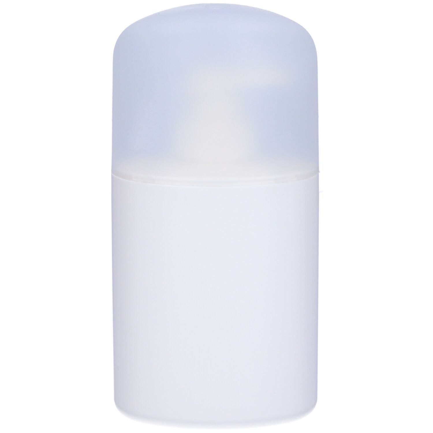 Récipient cylindrique blanc avec couvercle transparent. Aucune information sur le produit ou marque visible.