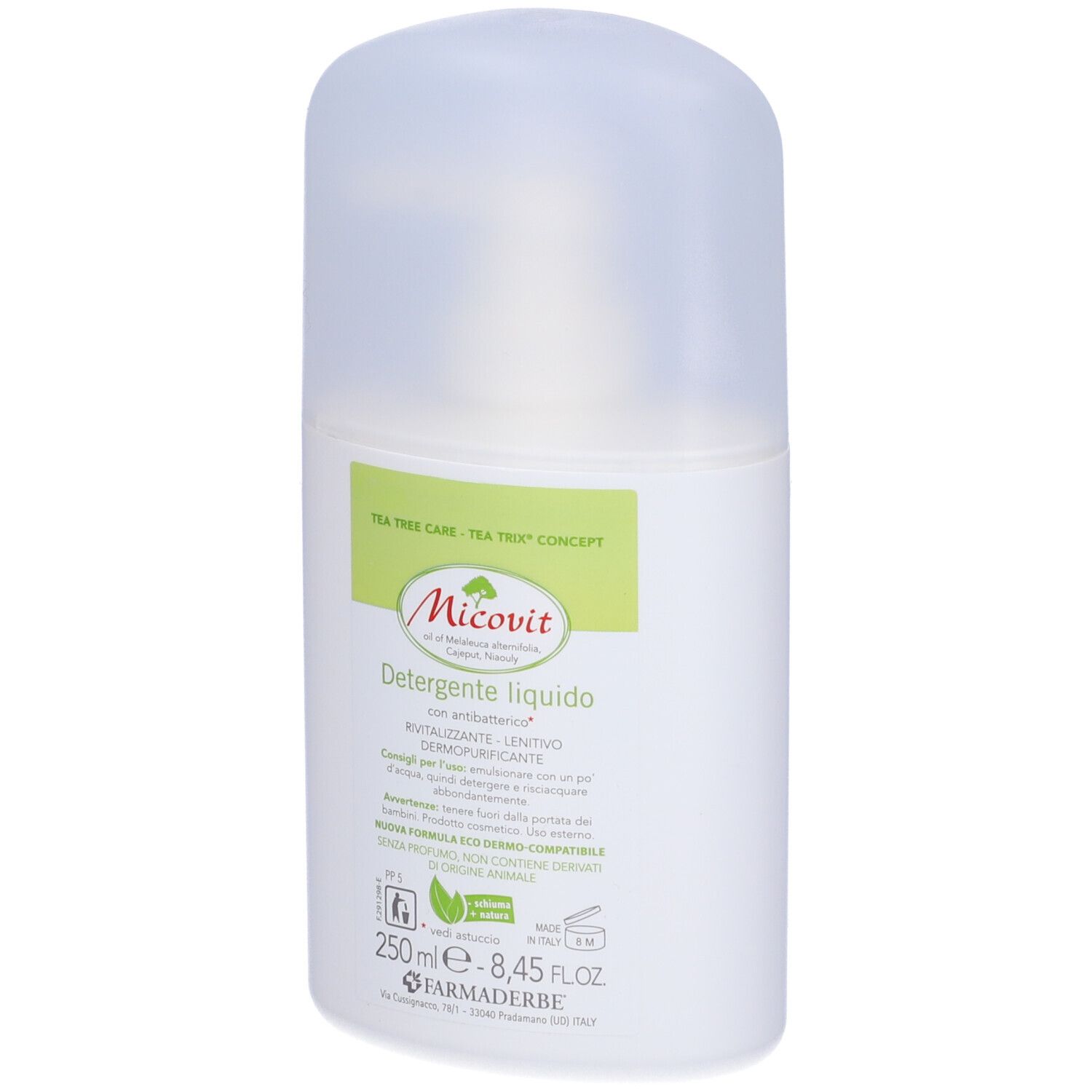 Récipient blanc avec couvercle transparent. Nom du produit et informations sur l'étiquette. Texte : Micovit, Détergent liquide.