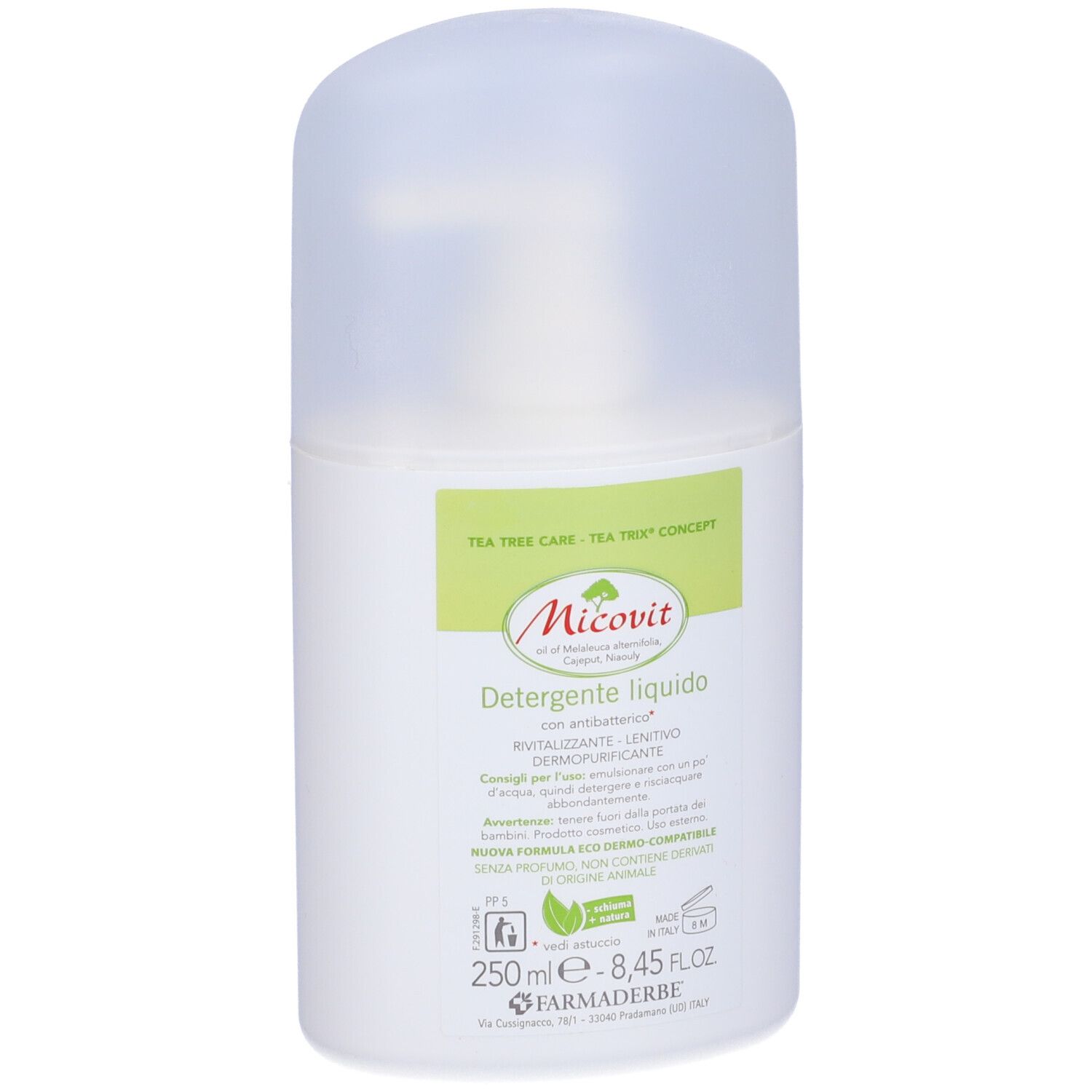Récipient blanc avec couvercle transparent. Nom du produit et informations sur l'étiquette. Texte : Micovit, Détergent liquide.