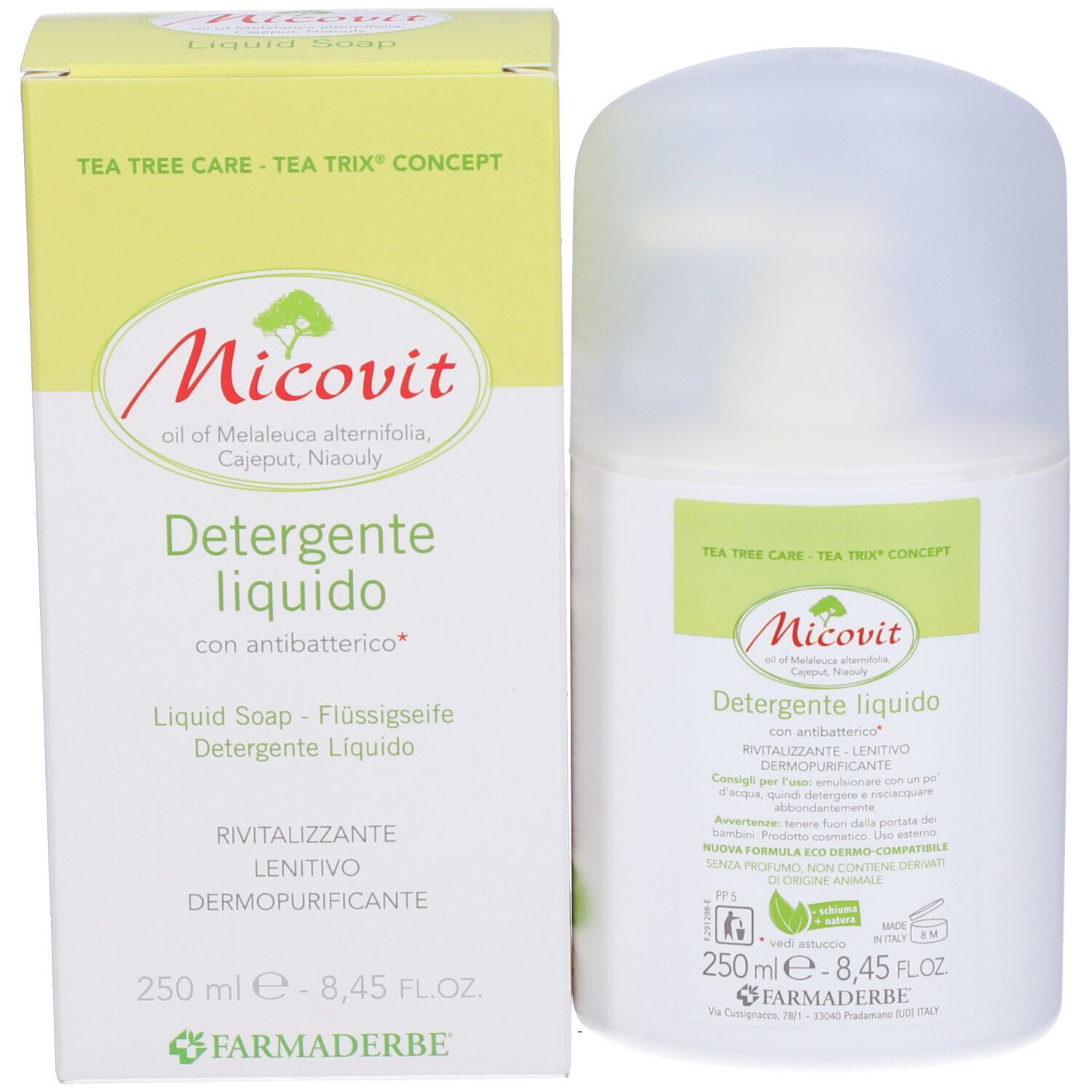 Emballage et récipient du produit. Emballage : vert et blanc, texte : Micovit, Détergent liquide. Récipient : blanc, couvercle transparent.