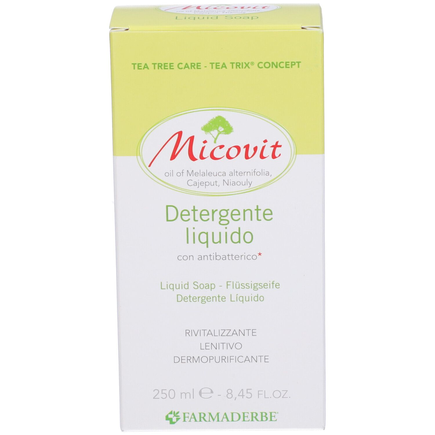 Emballage du produit vert et blanc. Texte : Micovit, Détergent liquide. Plus d'informations et logos sur l'emballage.