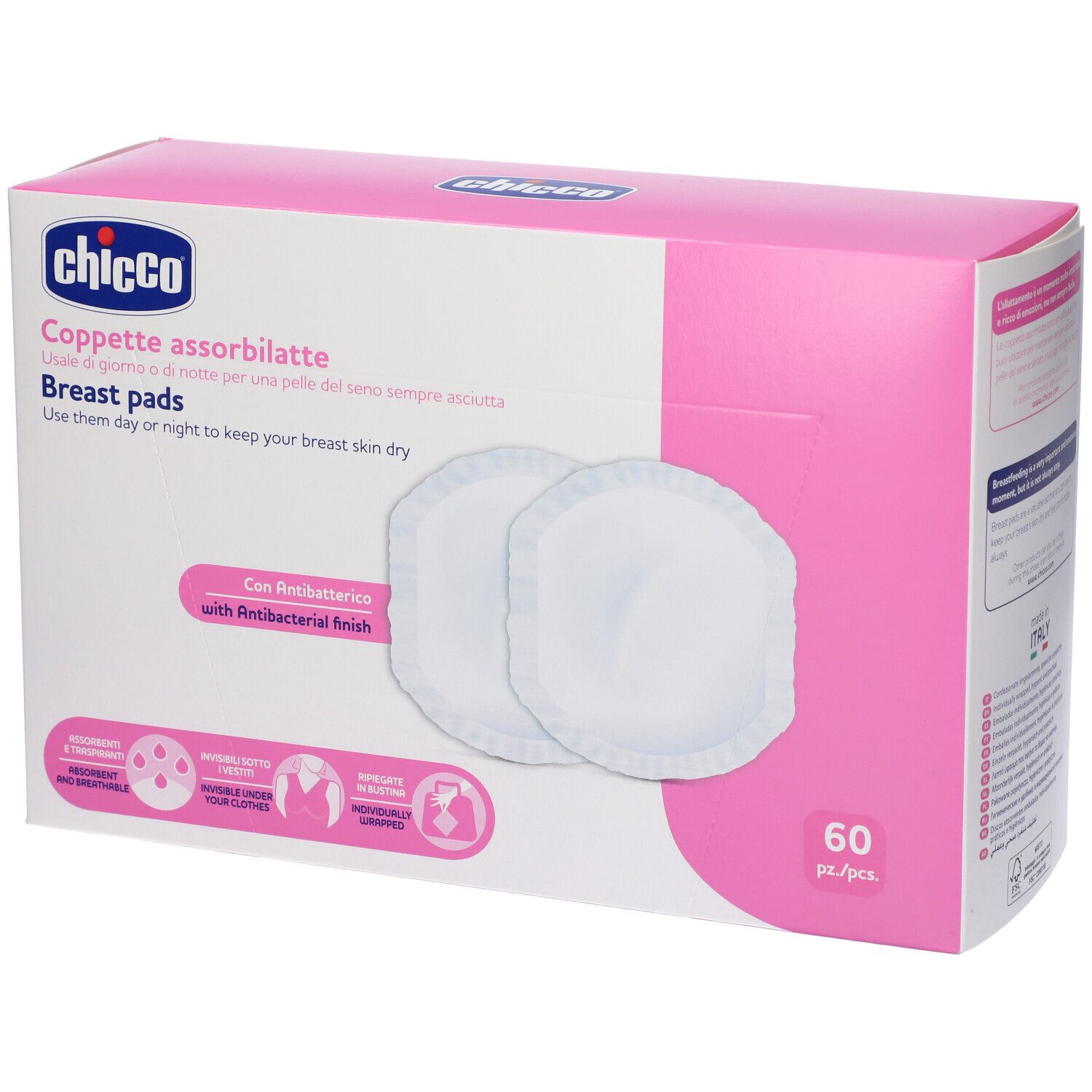 Boîte rose avec deux coussinets d'allaitement ronds. Texte: Chicco, coussinets, 60 pièces, antibactérien.