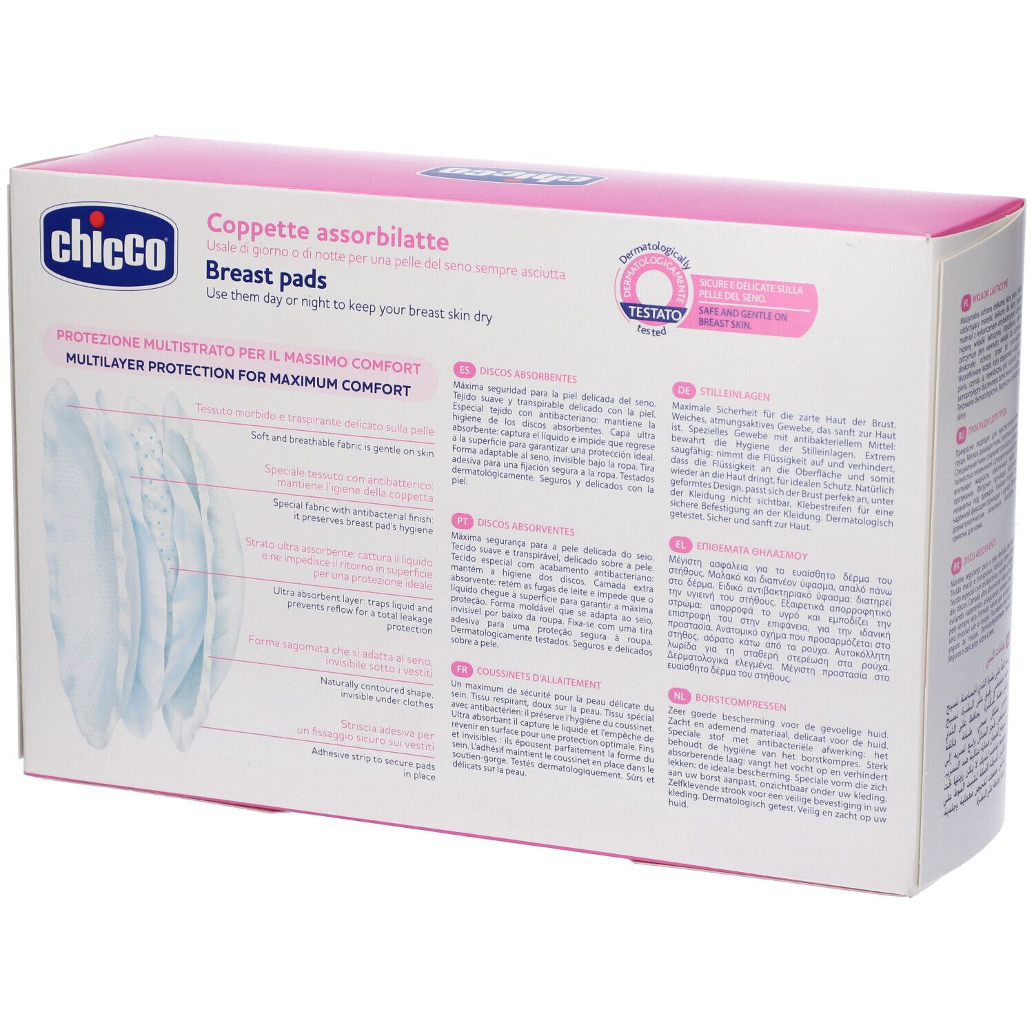 Dos de la boîte rose. Texte: Chicco, coussinets d'allaitement, protection multicouche, antibactérien.