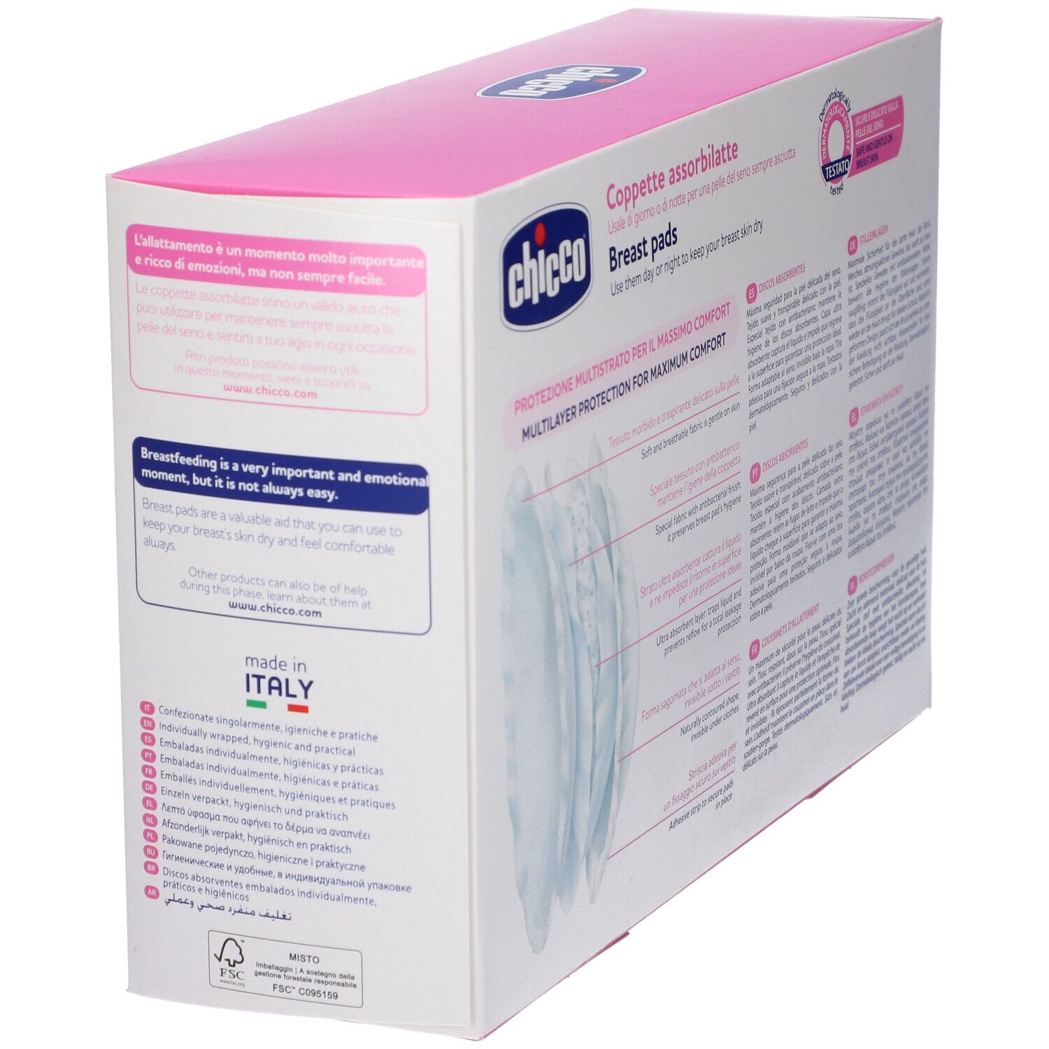 Côté de la boîte rose. Texte: Chicco, coussinets d'allaitement, protection multicouche, fabriqué en Italie.