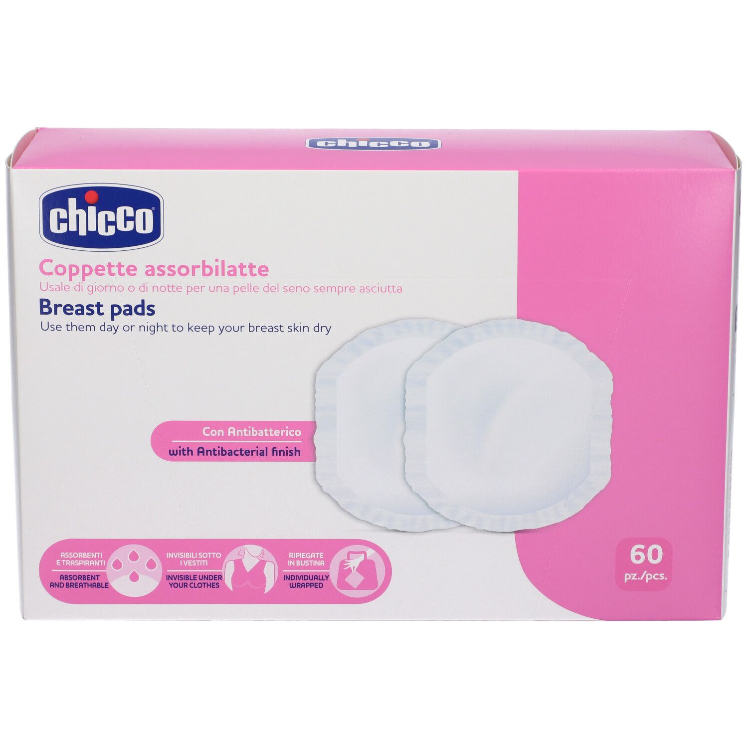 Boîte rose avec deux coussinets d'allaitement ronds. Texte: Chicco, coussinets, 60 pièces, antibactérien.