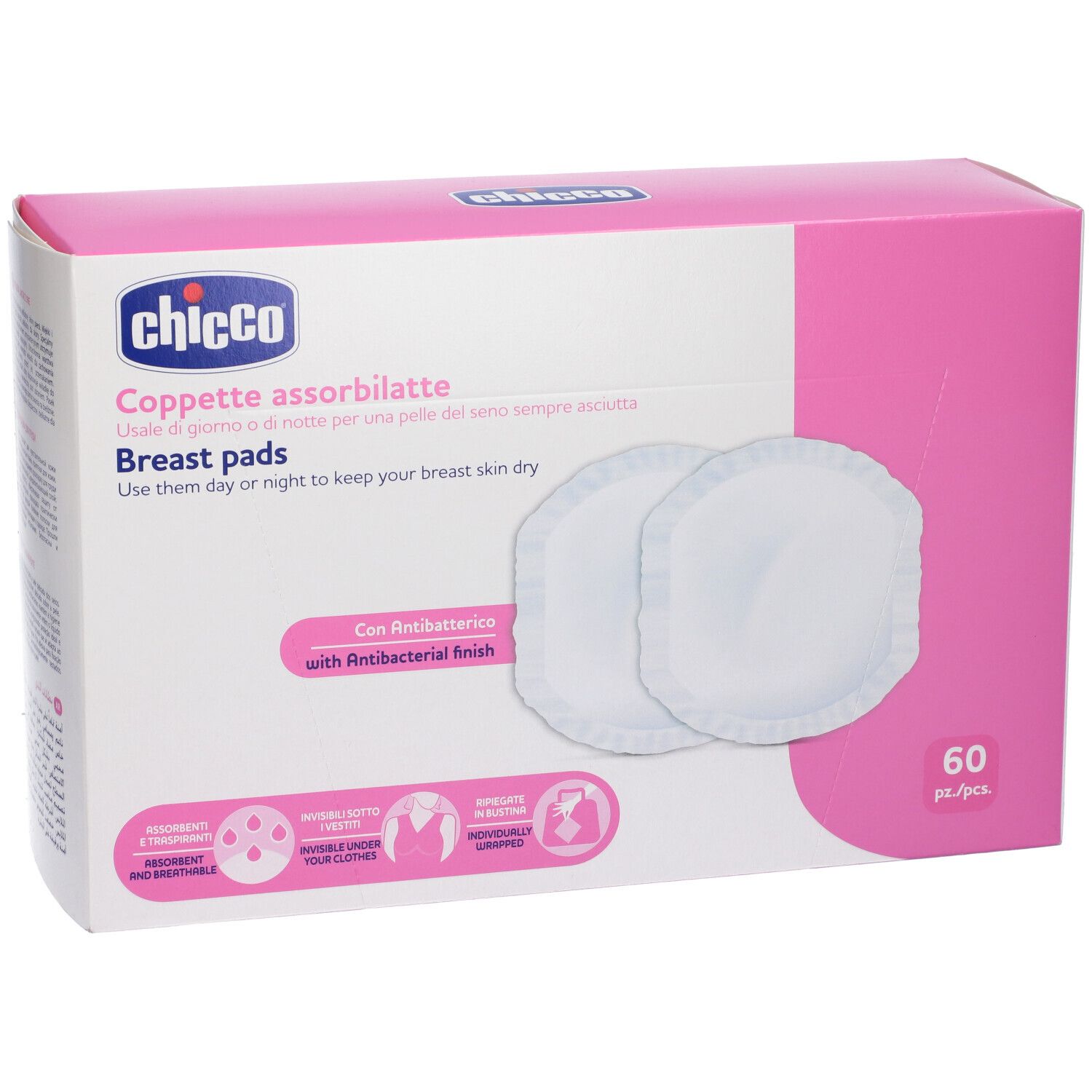 Boîte rose avec deux coussinets d'allaitement ronds. Texte: Chicco, coussinets, 60 pièces, antibactérien.