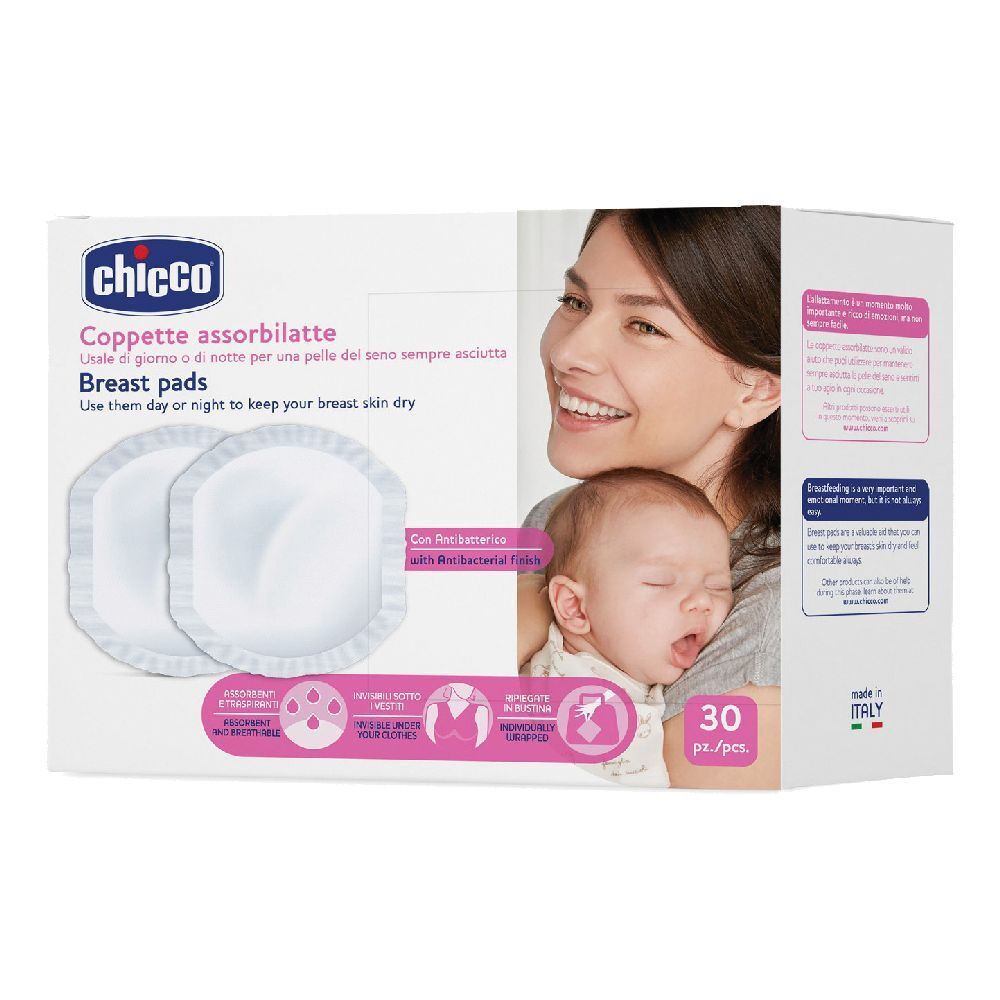 Boîte de coussinets d'allaitement Chicco®. 2 coussinets visibles. Femme et bébé sur l'emballage. Texte : 'Breast pads'.