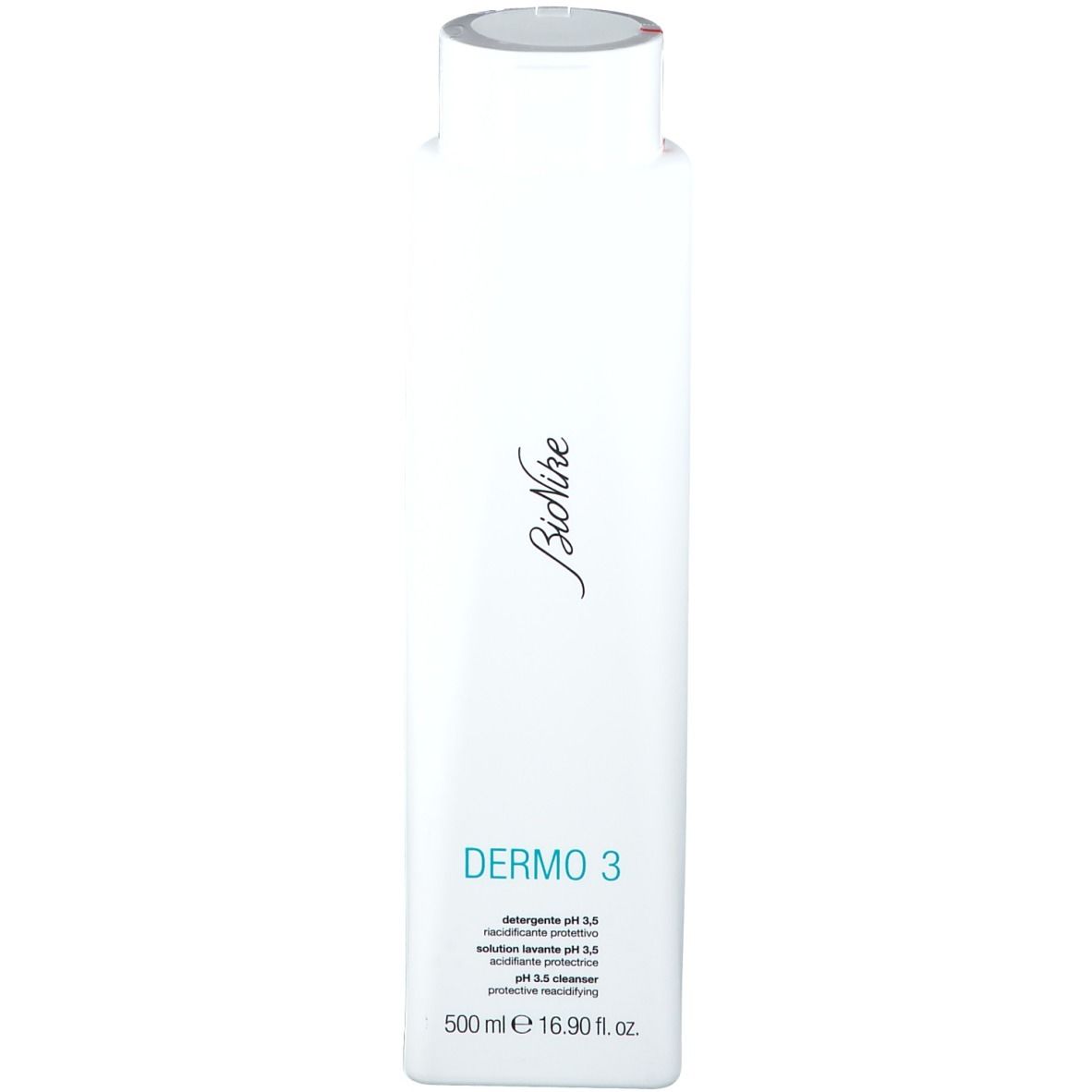 Flacon blanc rectangulaire avec bouchon à vis. Inscription : BioNike, DERMO 3, pH 3,5. Indication de volume : 500 ml.